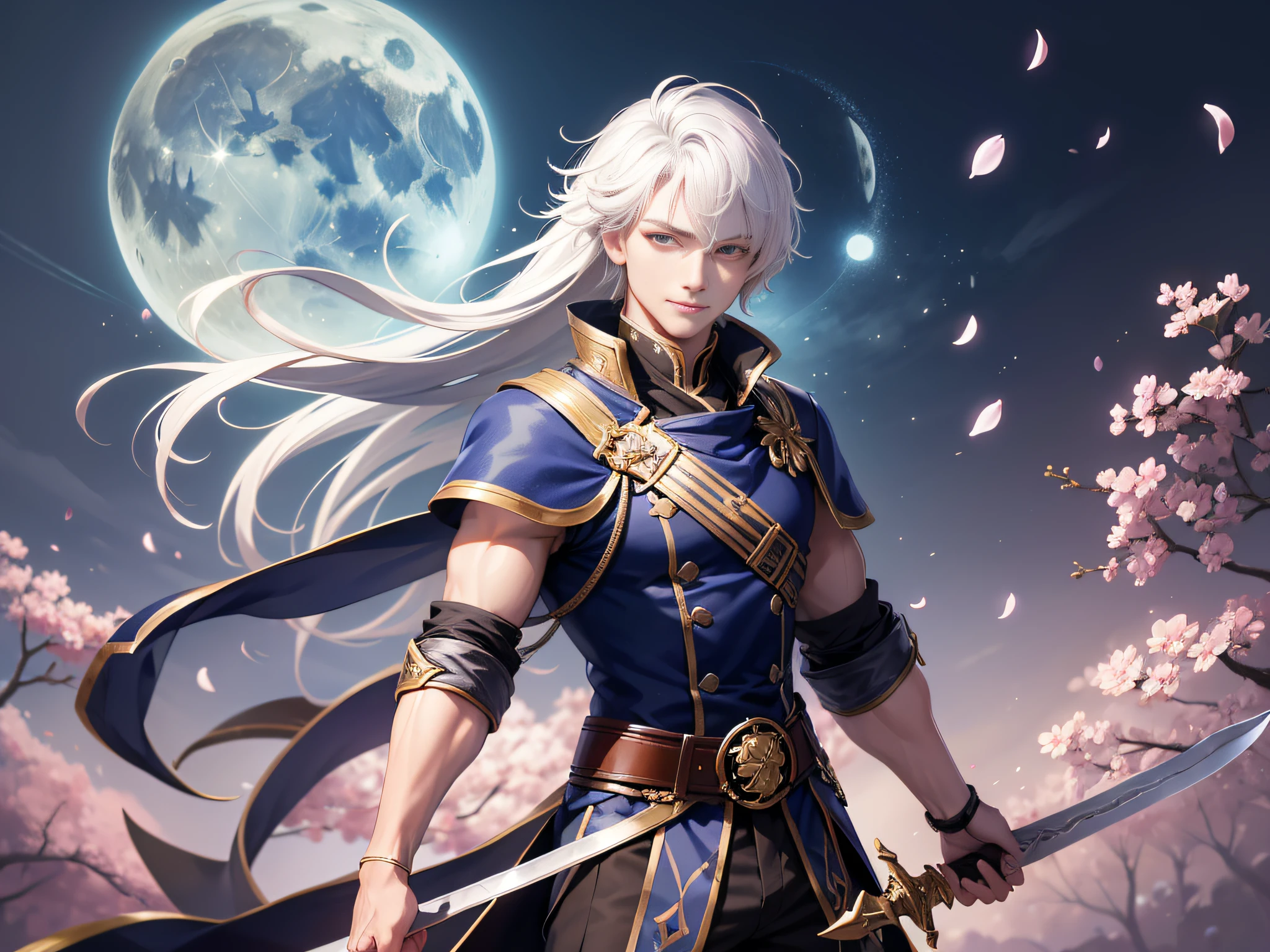 1boy, masterpiece, bestquality, (color), (fine details, handsome and detailed face), cinematicllighting, extremely detailed gunity8k wallpaper, white hair, blind, solo, smile, complex skirt, ((flying petals)), (Flowerymeadow) sky, cloudy sky, architecture, moonlight, moon, night, (dark theme: 1.3), light, fantasy, male swordsman, The arms are rich in detail. , posture of holding a sword, national fashion clothing, long hair, anatomical correct, HD,