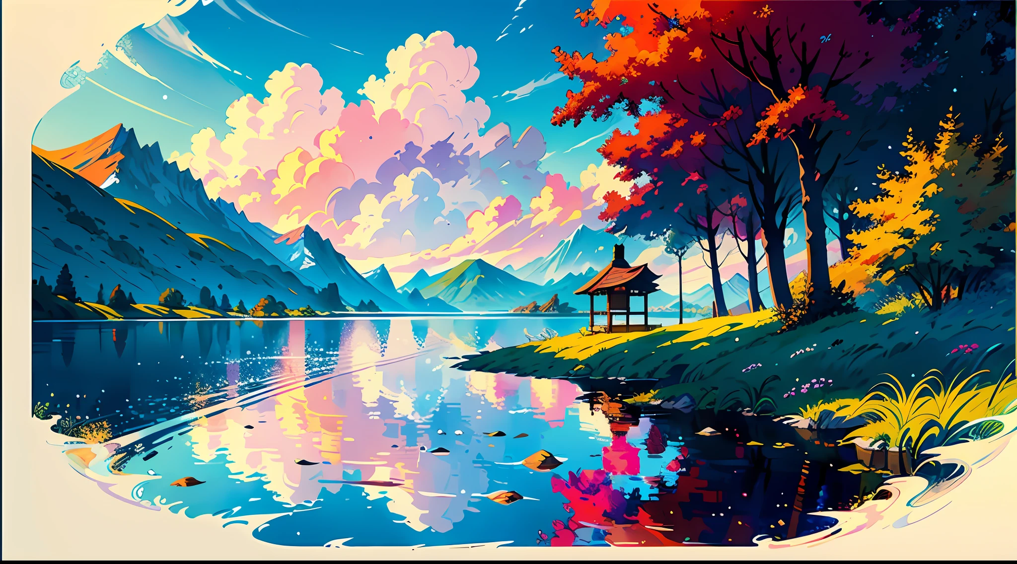 Develop a captivating design of projectile digital art, focusing on a few purple stars. These stars should have a unique and captivating appearance that represents the magical and captivating atmosphere of the game. The brushstrokes and style of the drawing should resemble the Gutweitz style artwork, Danganronpa digital art, Sachin Teng's style, Güvitz's masterpiece, inspired by Jamie Hewlett, Guweiz, Akira style, Sachin Teng, 4K comic book wallpaper, Akira vibe, Jamie Hewlett art, remember that the goal is to create a magical and attractive illustration that conveys the cozy and wonderful atmosphere of Stardew Valley, highlighting the ocean as a design element
, (edge lighting): 1.2, warm tones, sunlight reflections, soft shadows, vivid colors, pictorial effects, fantastic atmosphere break scenic lake, distant mountains, willows, calm water, reflection, sunlit clouds, tranquil surroundings, idyllic sunsets, ultra detail, official art, 8k unit wallpaper, zentangle, mandala