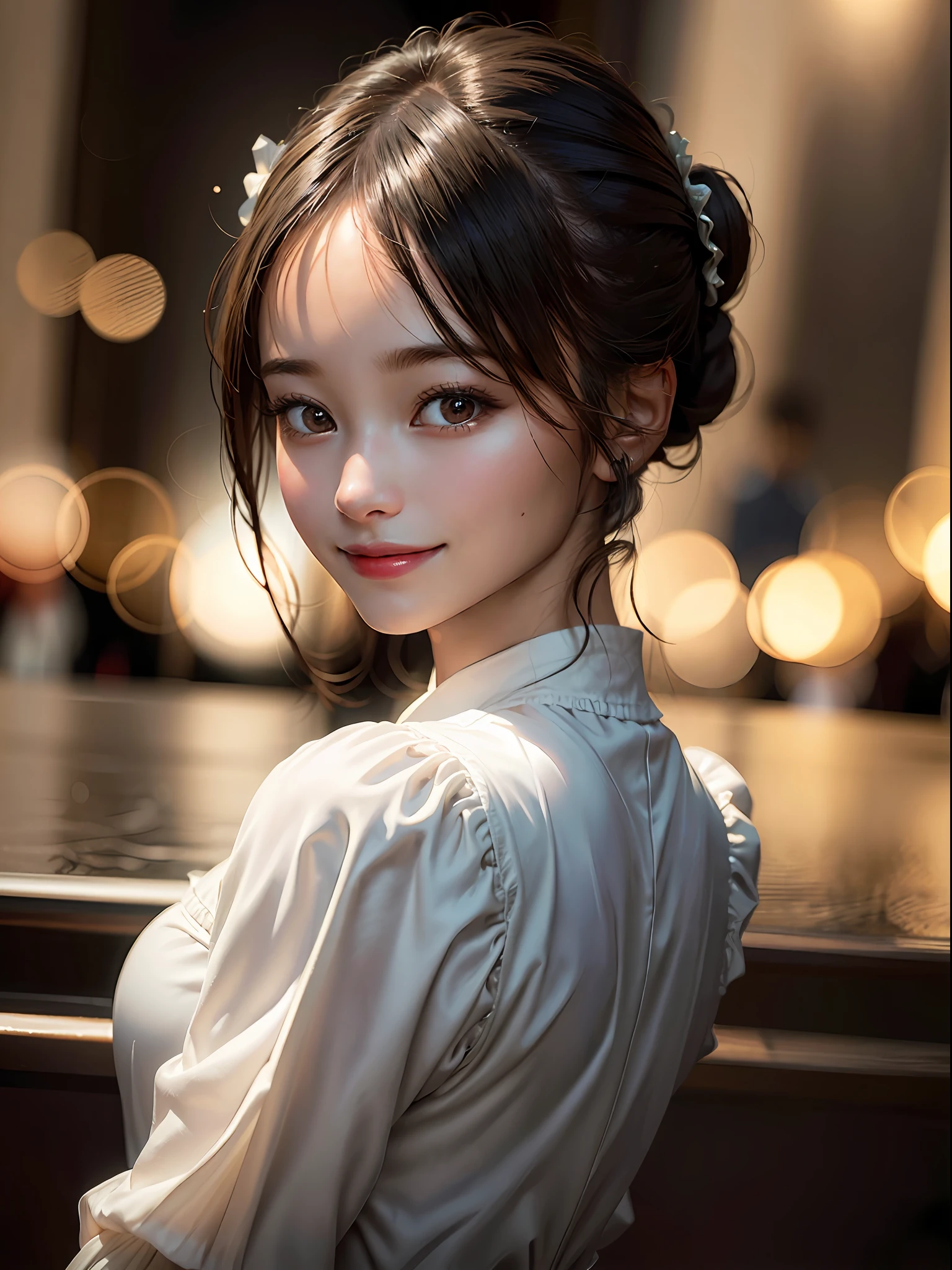Best Quality, Masterpiece, Ultra High Resolution, (Realistic: 1.4), Original Photo, 1 Girl, Formal Updo, Shiny Skin, Dramatic Lighting, (Smile: 1.2)