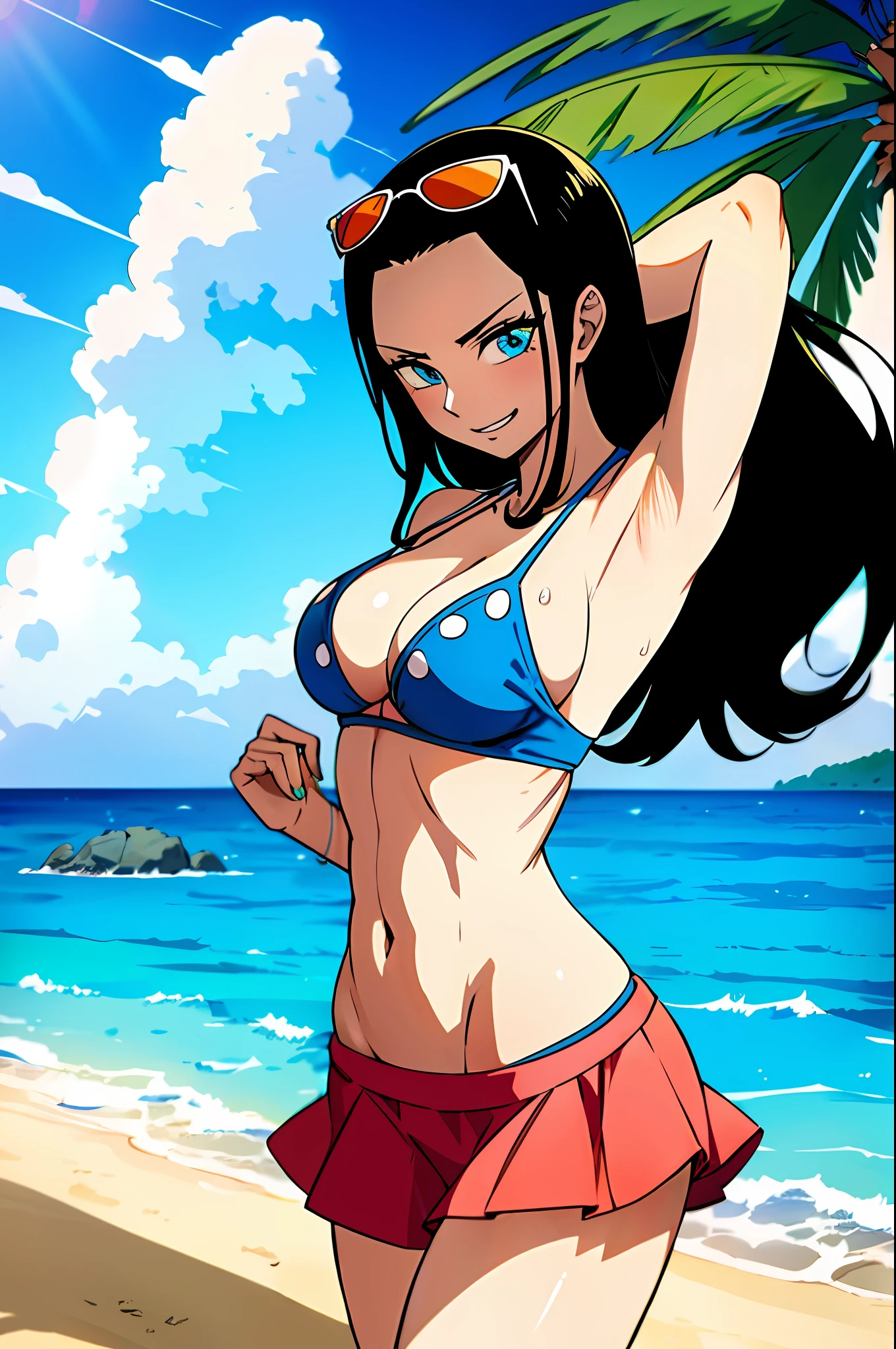 1girl (Masterpiece: 1.2) (Details: 1.2) (Best Quality: 1.1) (Glossy Hair) (Glossy Skin), Nico Robin V2, Cinematic Lighting, (Wet Skin, Sea:1.2), Bikini, Sea, (Beach, Palm Trees), Beach, Clear Water, (Blue Sky, Cumulonimbus),(Island),(Hibiscus),Smiles, Sunglasses, Blue Eyes, One Piece, Nico Robin, Side, bikinis skirt, girl about 20 years old