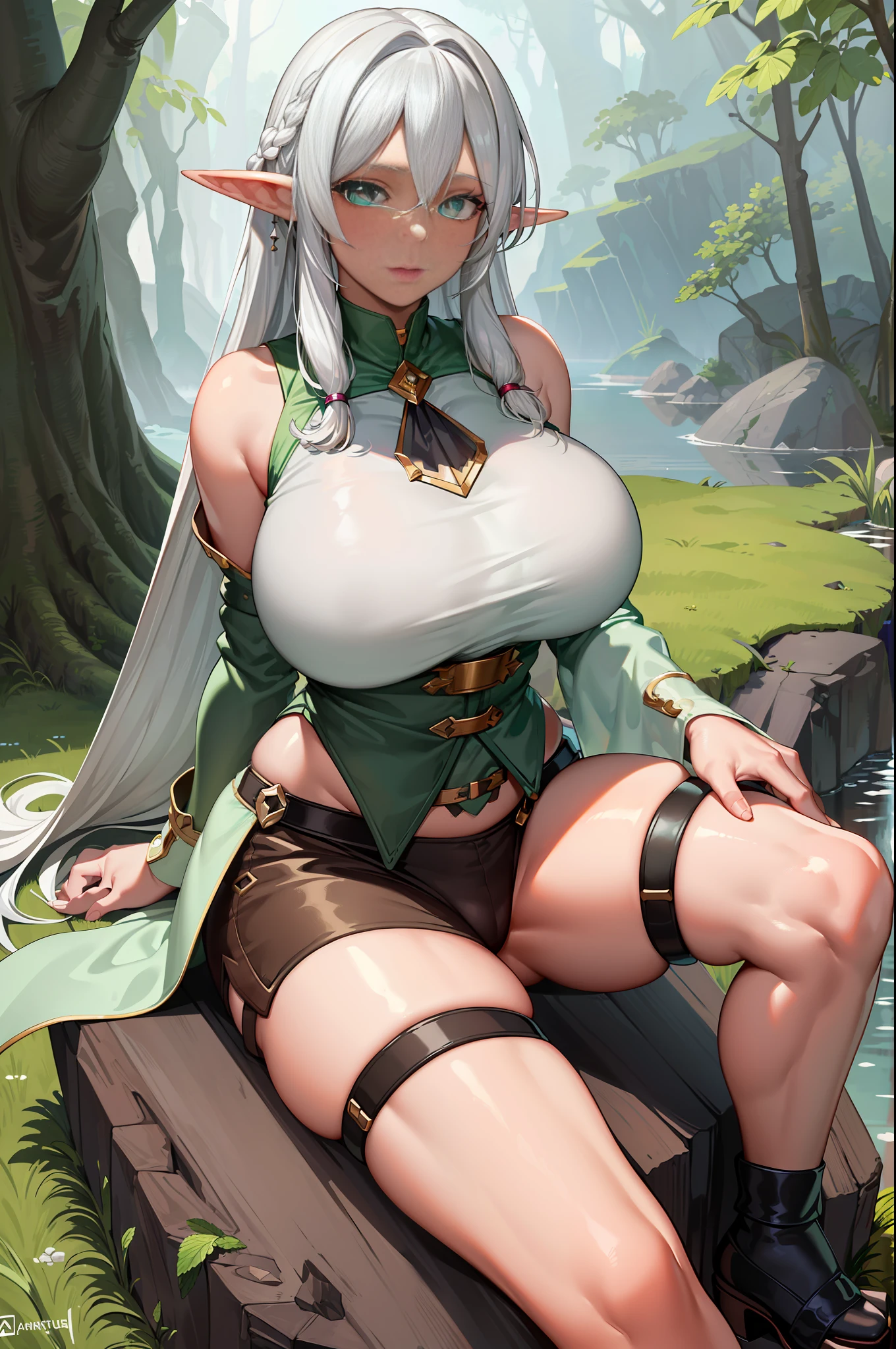 (Best quality, masterpiece:1.4), (realism:1.2), (realisitc:1.2), (absurdities:1.2), 4K, detailed, ultra-detailed, digital art, detailed face, (hyper-detailed eyes:1.2),
Rocks, (seated:1.4), sitting on rock, trees, plants, (shrub:1.2),
(Solo:1.4), 1Girl, (Looking at the Viewer:1.2), (Celestine Lucullus),Elf.Pointed Ears
(White Hair:1.4), Long Hair, Dark Skin (Bangs, Sidelocks:1.2),
(Mint Eyes:1.4),
(Curvy: 1.4), (extra-gigantic breasts:1.4), thick thighs, panties, cleavage.