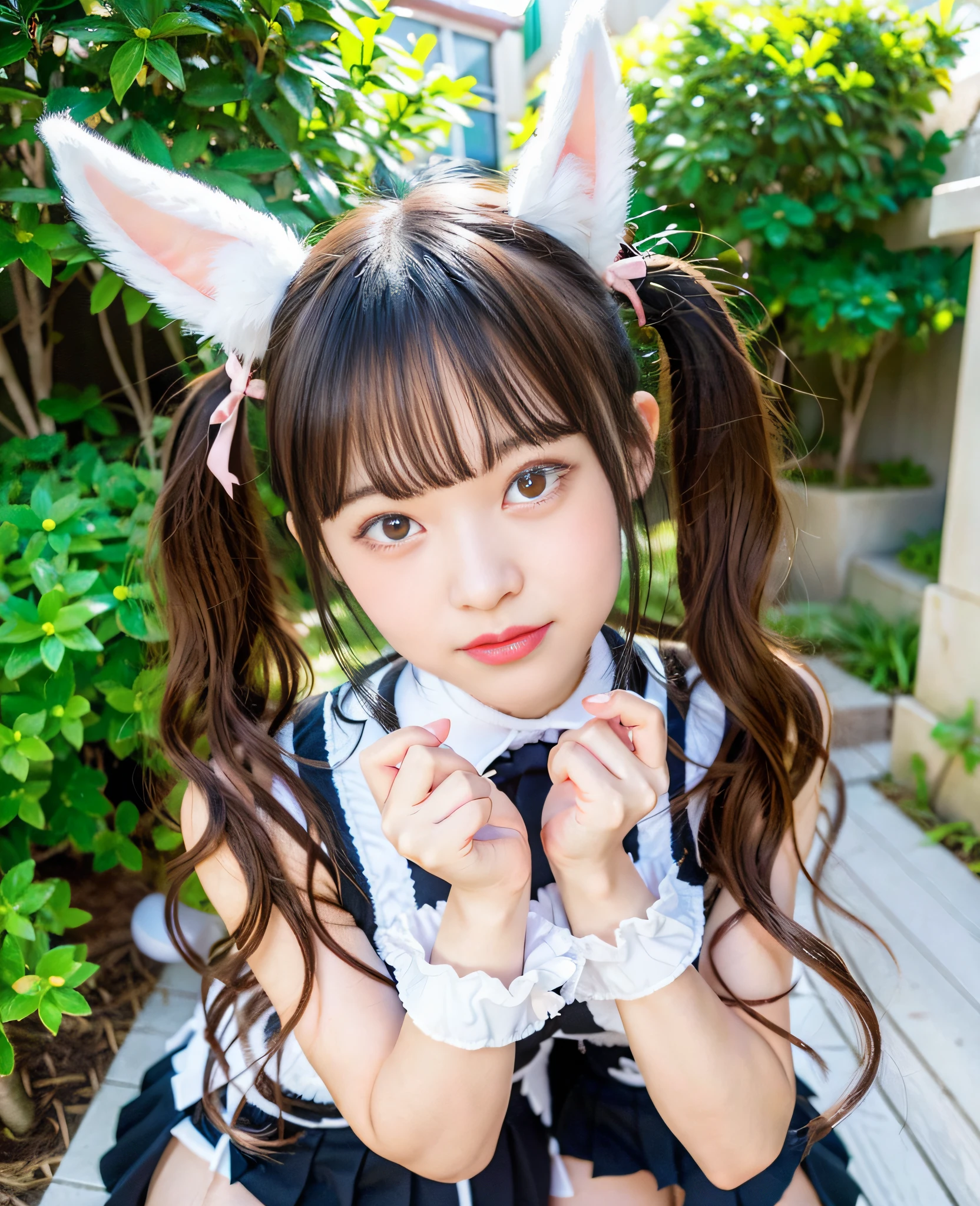 two girls in bunny ears are posing for a picture, twintails hairstyle, kemonomimi, twintails, shikamimi, sakimichan, sakimi chan, kawaii hairstyle, yuruyuri, chiho, kawaii hair style, 8 khd, 8k!, nekomimi, aoshima chiho, hololive, symmetric!!