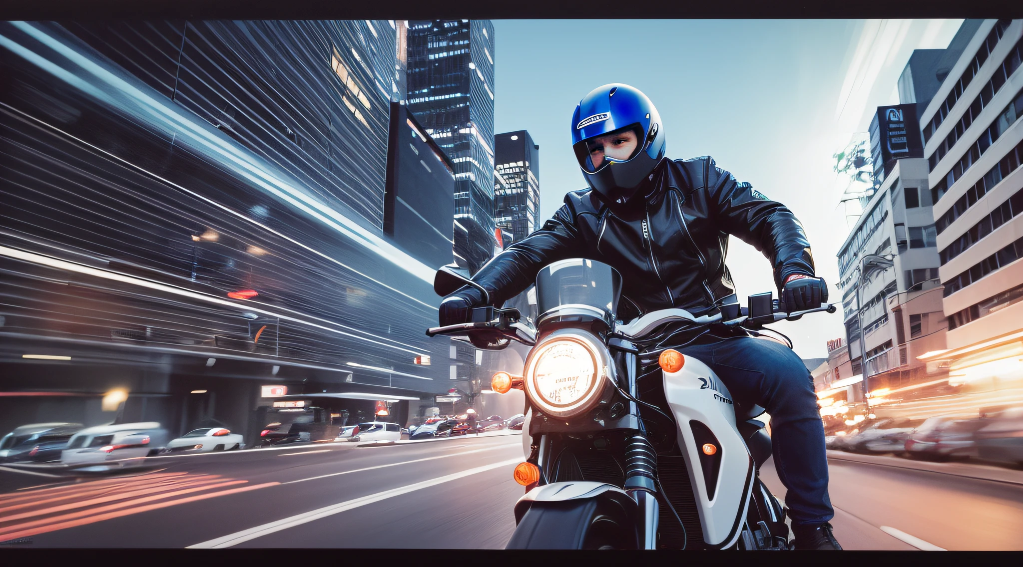[Illustration storyboard] comic page, there are multiple images on one page: a rider riding a motorcycle, driving in a dilapidated burning city (back, driver's perspective), (GoPro, f/2.8, long exposure, motion blur, diffuse backlight). [Multi-angle continuous shooting] in Nicolas Bouvier's style, cobalt blue and reflective silver, motion picture film P30, split composition