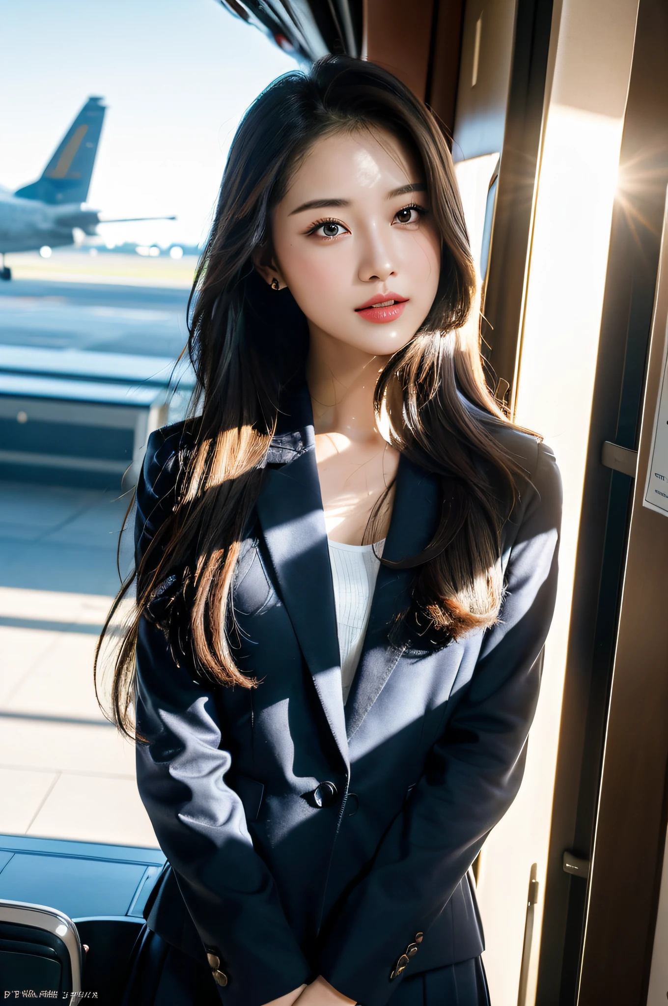 best quality, masterpiece, 8k, ultra high res, (photorealistic:1.4), highly detailed, intricate detail, delicate and beautiful, good lighting, professional lighting, sharp focus, detailed shadows, exquisite details and textures, depth of field, unity 8k wallpaper, cinematic composition, cinematic lighting, official art, Cabin Crew, flight attendant, black pantyhose, (aircraft, (Aircraft Corridor), Aircraft seats) beautiful elegant face, detailed face, detailed eyes, realistic hair, long hair, (1girl), (standing:1.3),