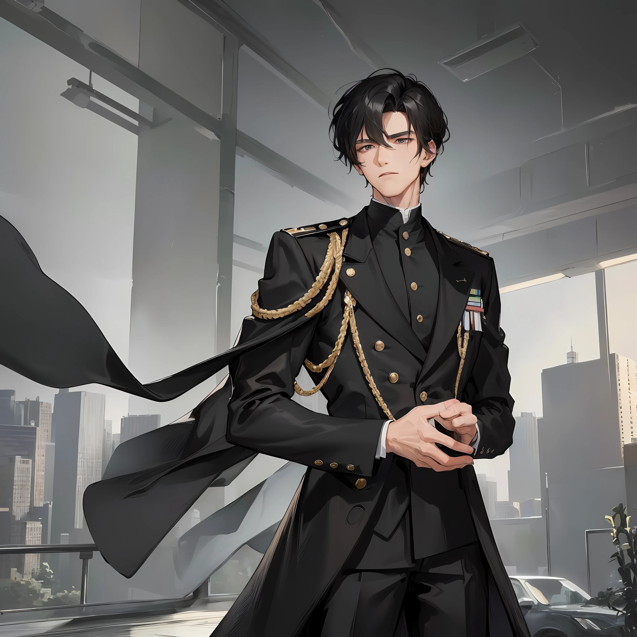 (highest resolution, distinct_image) best quality, a man, masterpiece, highly detailed, semi-realistic, short black hair, black hair, bangs, 18 years old, mature, young, tall and strong, black clothes, black uniform, suit, interior background, cold, serious, cold, handsome, authoritative, powerful,