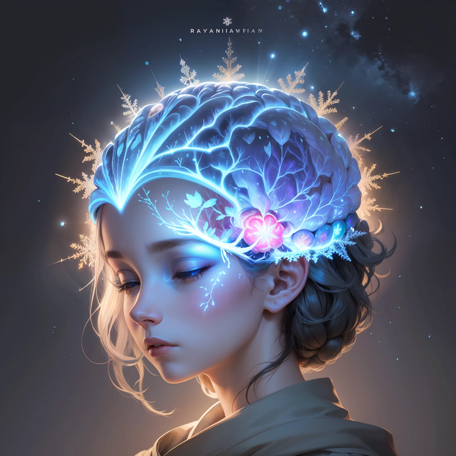 human brain, illuminated by a ray of light, on a dark background, with snowflakes. Use cool, contrasting colors . The brain must be realistic and detailed, showing its different parts and cognitive functions. The ray of light must come from above, suggesting a higher source of wisdom or inspiration. --auto --s2