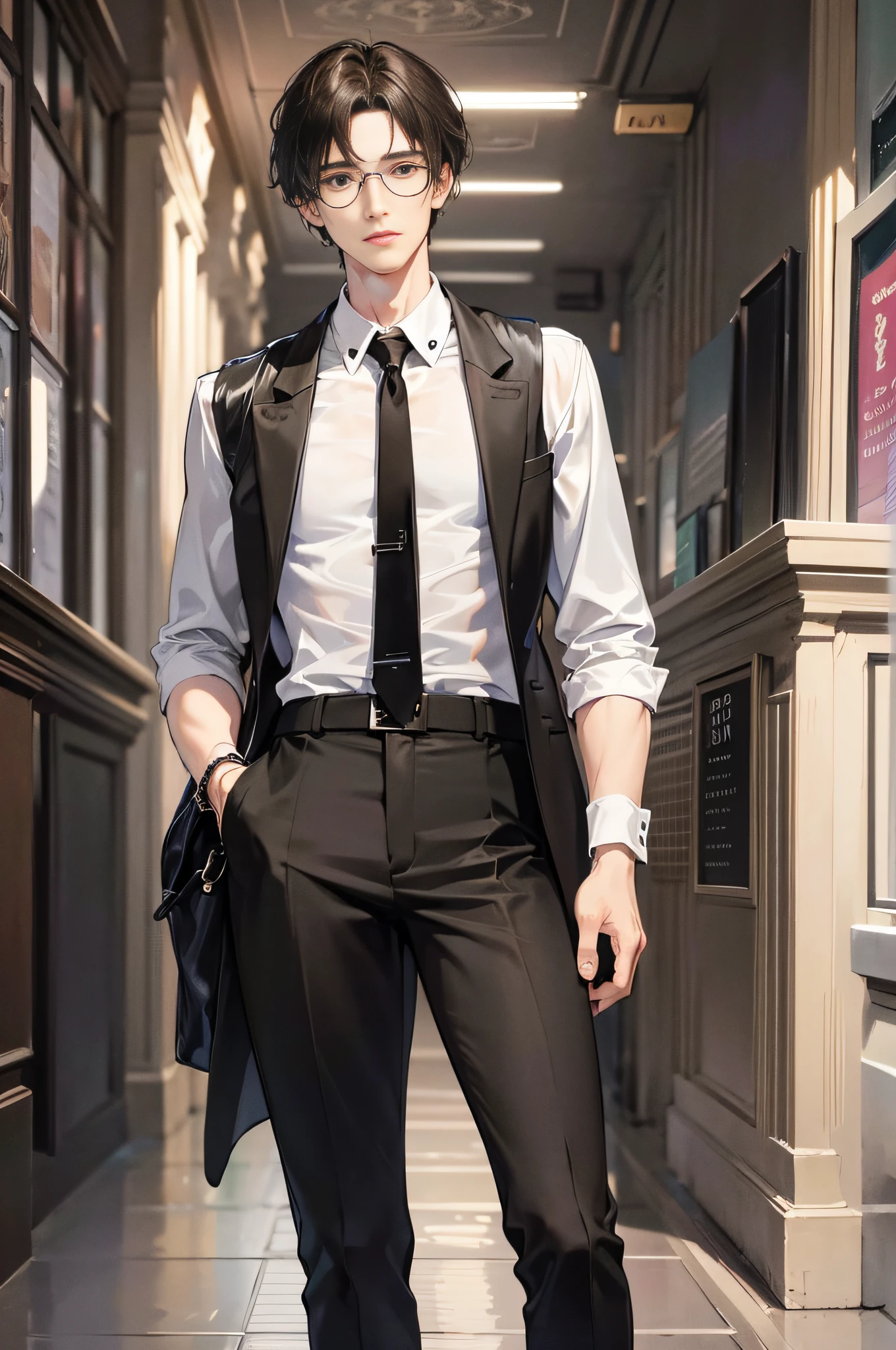 (highest resolution, distinct_image), delicate eyes, brown pupils, wearing glasses, best picture quality, male god masterpiece, high detail, semi-realistic, short black hair, black hair, bangs, 18 years old, mature, young, urban elite, tall, white shirt, black pants, solid color background, cold, tall and handsome, authoritative, powerful, delicate facial features, exquisite facial features