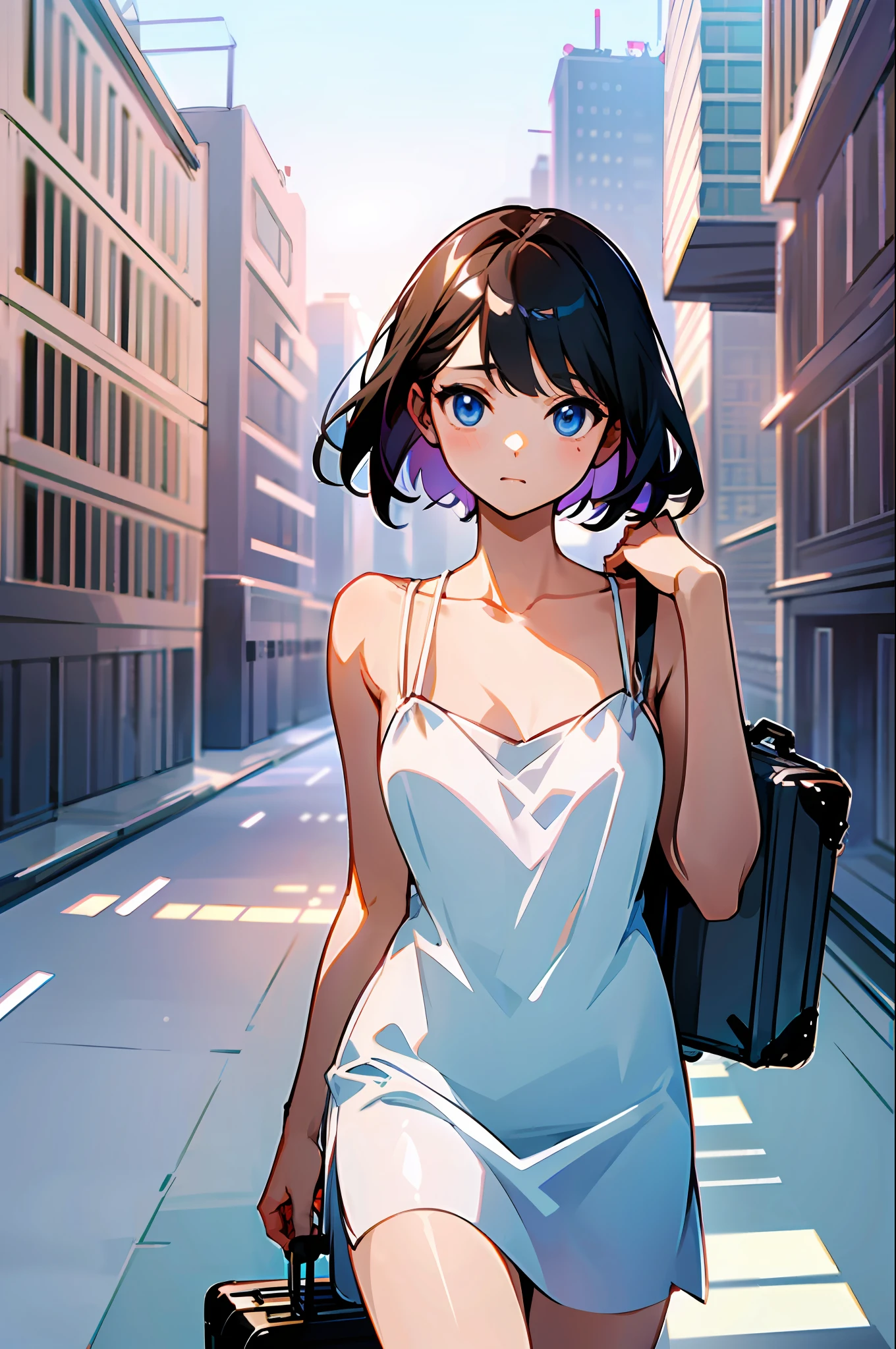 A girl in a white slip dress looks innocent, and behind her a boy carries 2 suitcases