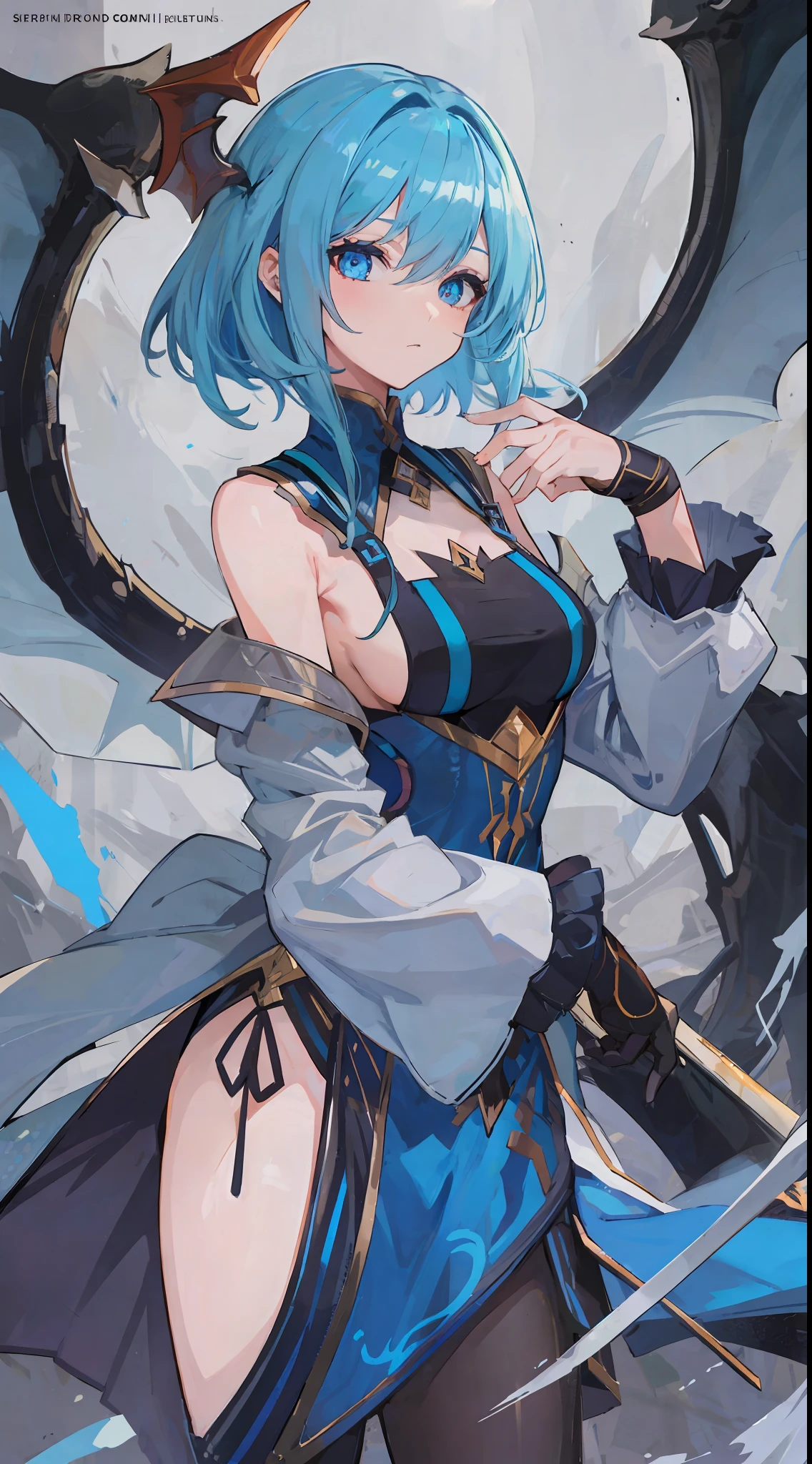 1girl, blue hair, sharp blue eyes, she a dragon girl