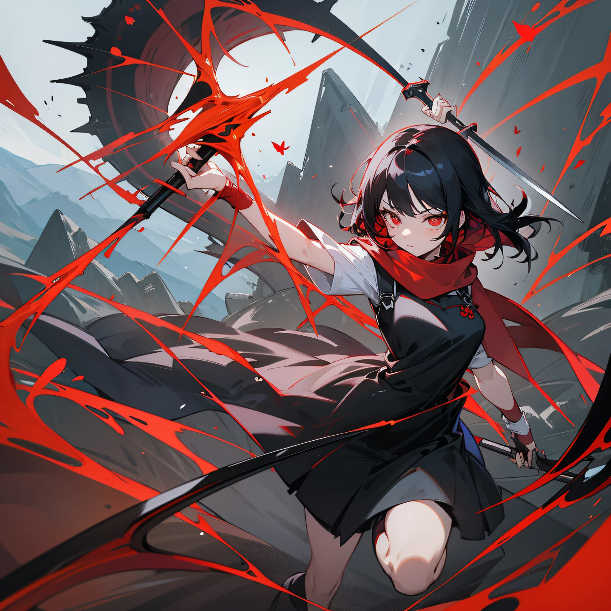 Anime girl Red pupils Red scarf on arm Overall sharpness Holding a huge scythe Short black hair Red hair ends red Big eyes Spirited Very confident temperament Butterfly Swinging a scythe to attack Giantess | Concept Black butterfly cheongsam background empty with a dragon claw behind the mountain --auto --s2