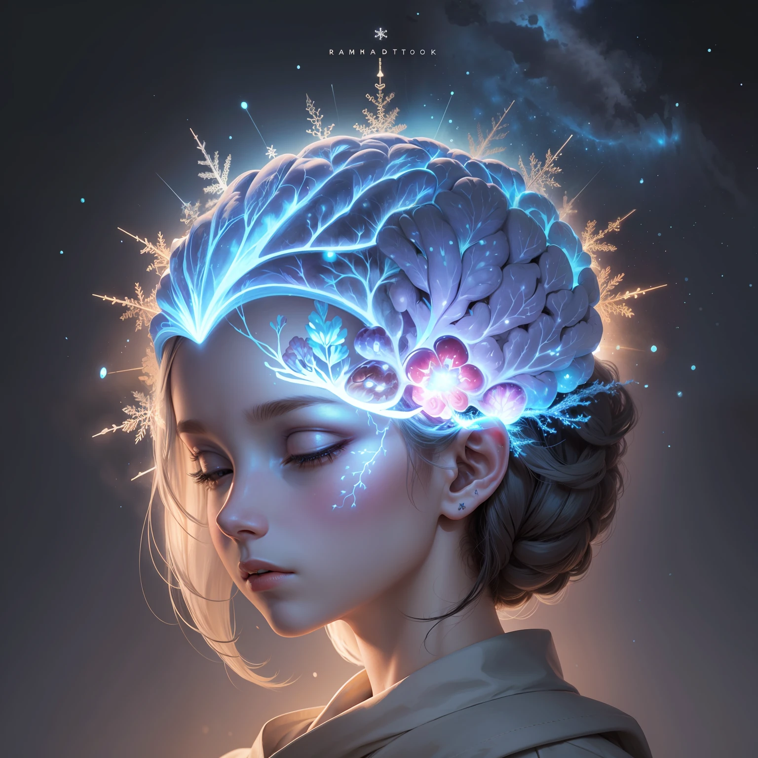 human brain, illuminated by a ray of light, on a dark background, with snowflakes. Use cool, contrasting colors . The brain must be realistic and detailed, showing its different parts and cognitive functions. The ray of light must come from above, suggesting a higher source of wisdom or inspiration. --auto --s2