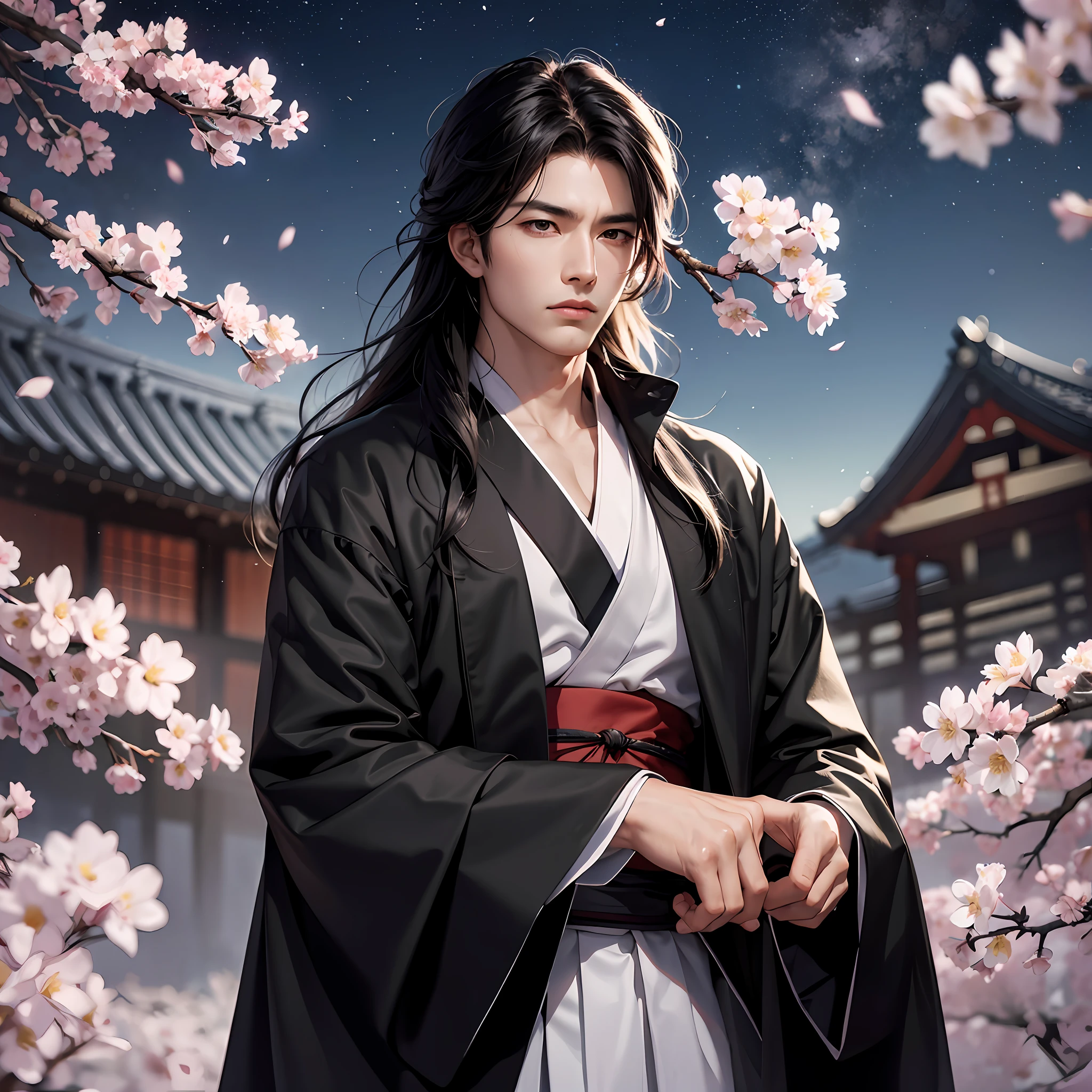 masterpiece, 8K resolution, top quality, moonlit night, under the cherry tree, single man, Japan, black hair, black eyes, long hair, masculine, serious, gentle, tall, calm, kimono, --auto --s2