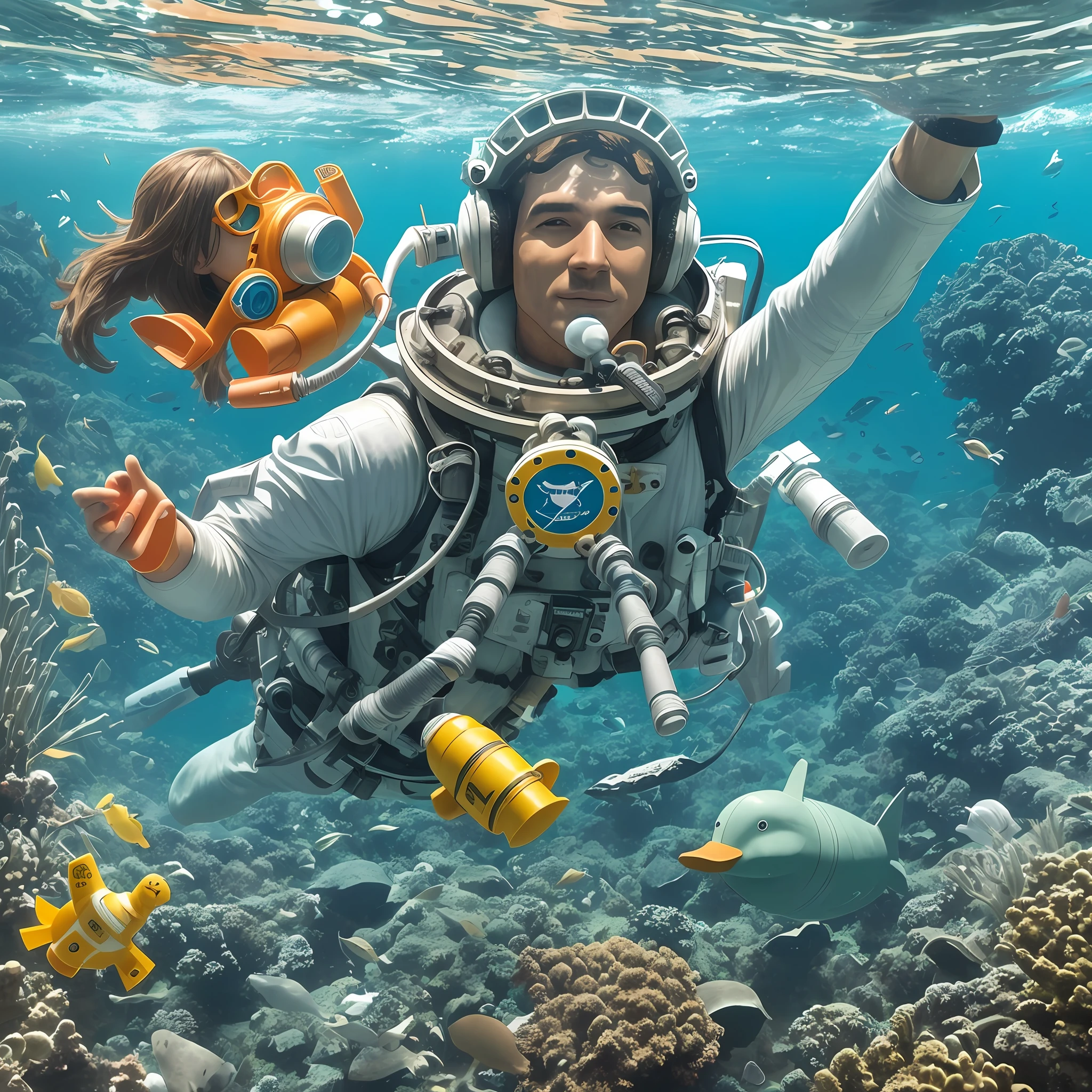 In the underwater world, there are the remains of the Statue of Liberty under the water, and there is an astronaut man wearing a duck-shaped lifebuoy and holding a toy water gun --auto --s2
