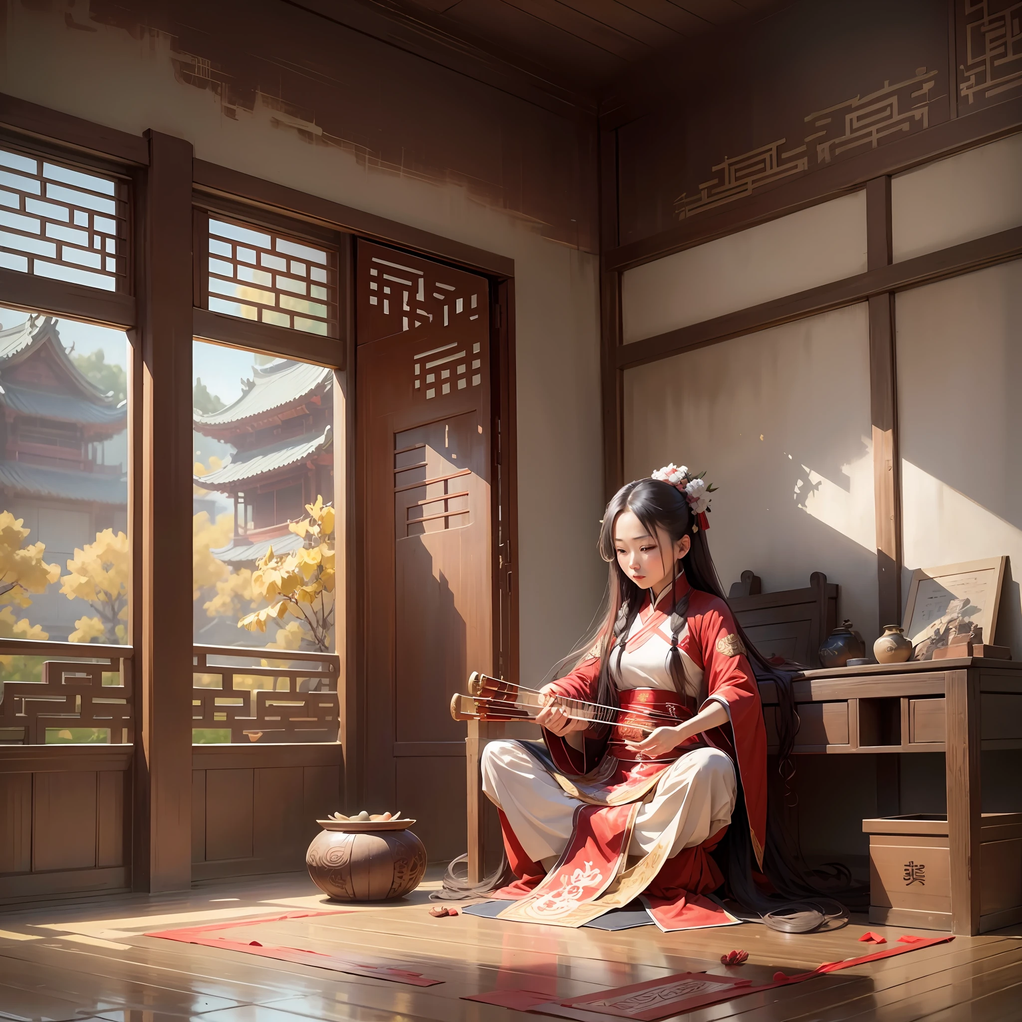 Red Hanfu, mature girl, sitting, playing guzheng, long hair, grand scene, hem of clothes, hair scattered --auto --s2