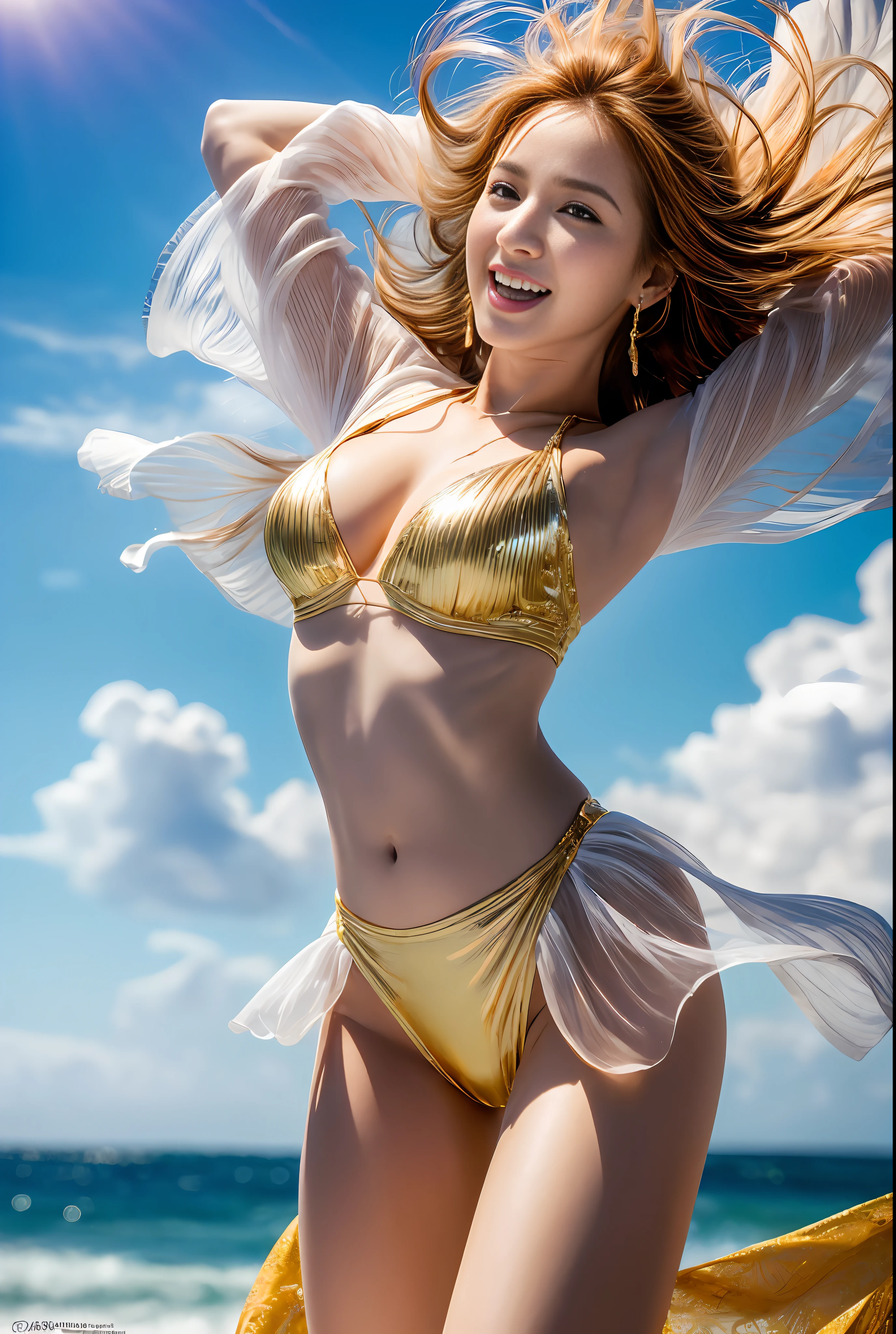 (masterpiece, top quality, best quality, official art, beautiful and aesthetic:1.2), (((1girl fly in the sky))), ((windy)),(jumping),white clouds, blue sky,(((full body))),highest detailed, (shiny skin) ,(earrings),(arms open)
laughing out loud,
(masterpiece:1.3), (8k, photorealistic, RAW photo, best quality: 1.4),beautiful face, (realistic face), absurdres, attractive, ultra high res, ultra realistic, highly detailed, golden ratio, (outdoor, ocean, dawn)