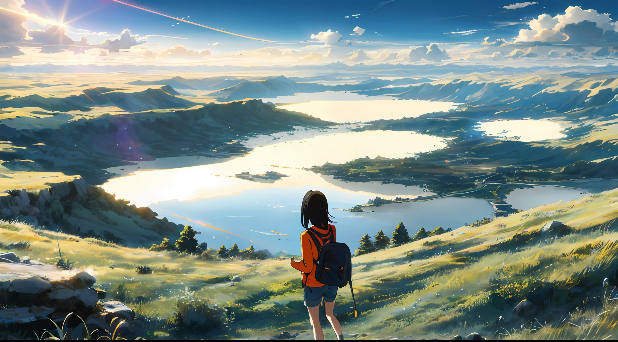 The vast sky, beautiful skyline, large grasslands, extremely tense and dramatic pictures, moving visual effects, high hanging Polaris, colorful natural glare. A girl in a long-sleeved top and denim shorts with a side backpack