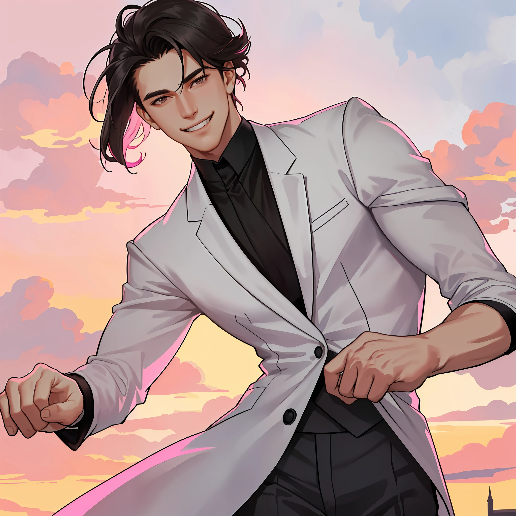Masterpiece, Best Quality, Realistic, 1man, Male Focus, Tall Muscles, Handsome, Smiling, Shut Up, Black Suit, White Shirt, Portrait, Very Detailed Face, (Pink Sky), Short Black Hair, Delicate Face
