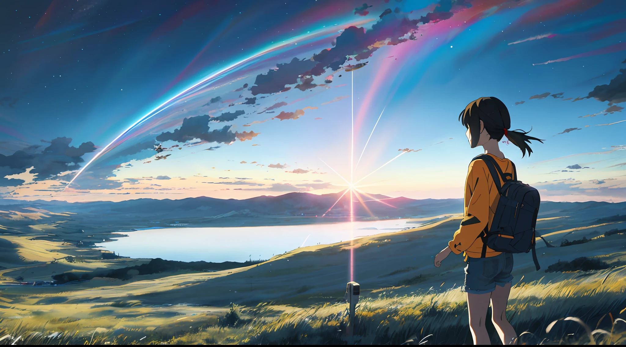 The vast sky, beautiful skyline, large grasslands, extremely tense and dramatic pictures, moving visual effects, high hanging Polaris, colorful natural glare. A girl in a long-sleeved top and denim shorts with a side backpack