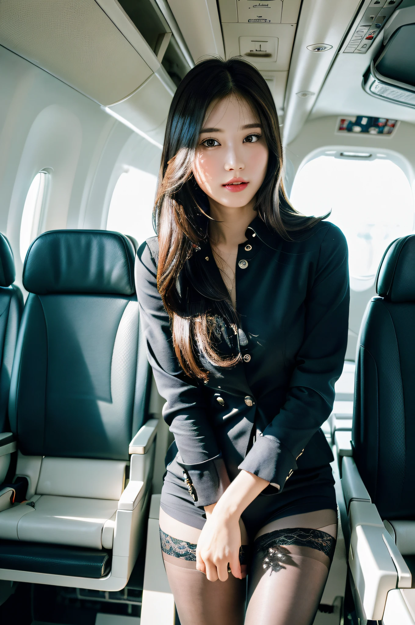 best quality, masterpiece, 8k, ultra high res, (photorealistic:1.4), highly detailed, intricate detail, delicate and beautiful, good lighting, professional lighting, sharp focus, detailed shadows, exquisite details and textures, depth of field, unity 8k wallpaper, cinematic composition, cinematic lighting, official art, Cabin Crew, flight attendant, black pantyhose, (aircraft, (Aircraft Corridor), Aircraft seats) beautiful elegant face, detailed face, detailed eyes, realistic hair, long hair, (1girl), (standing:1.3),