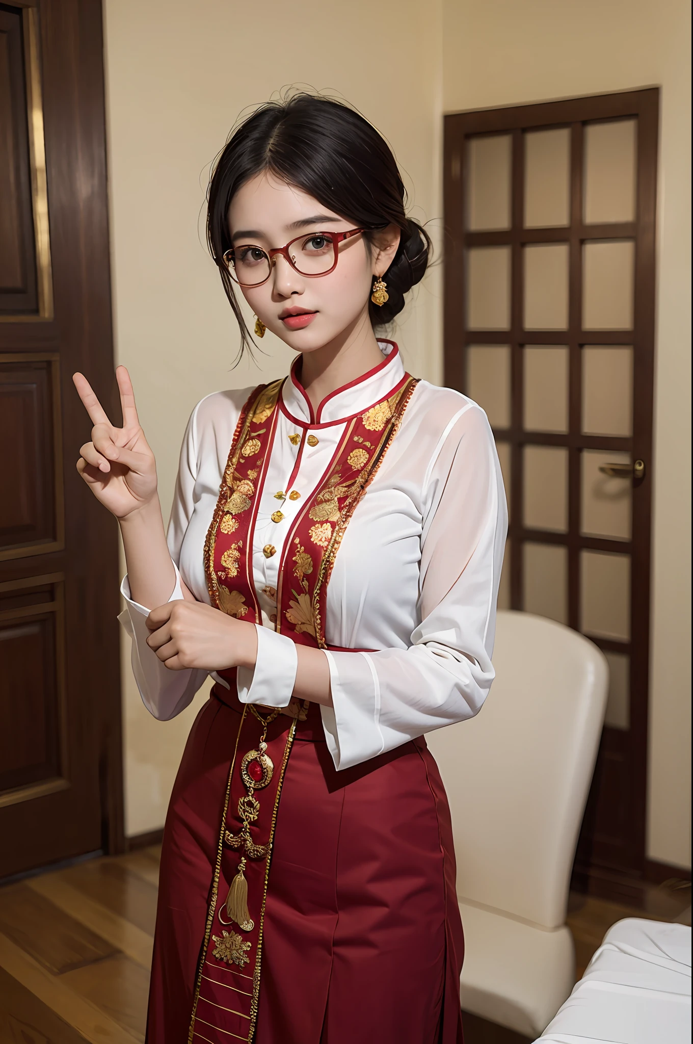 sexy Myanmar 20year girl with cute and round face, short, (extremely realistic), 8k, Myanmar traditional female clothes , wearing glasses, with hand showing peace sign, masterpiece, ( highly detailed), (flawless) , masterpiece,