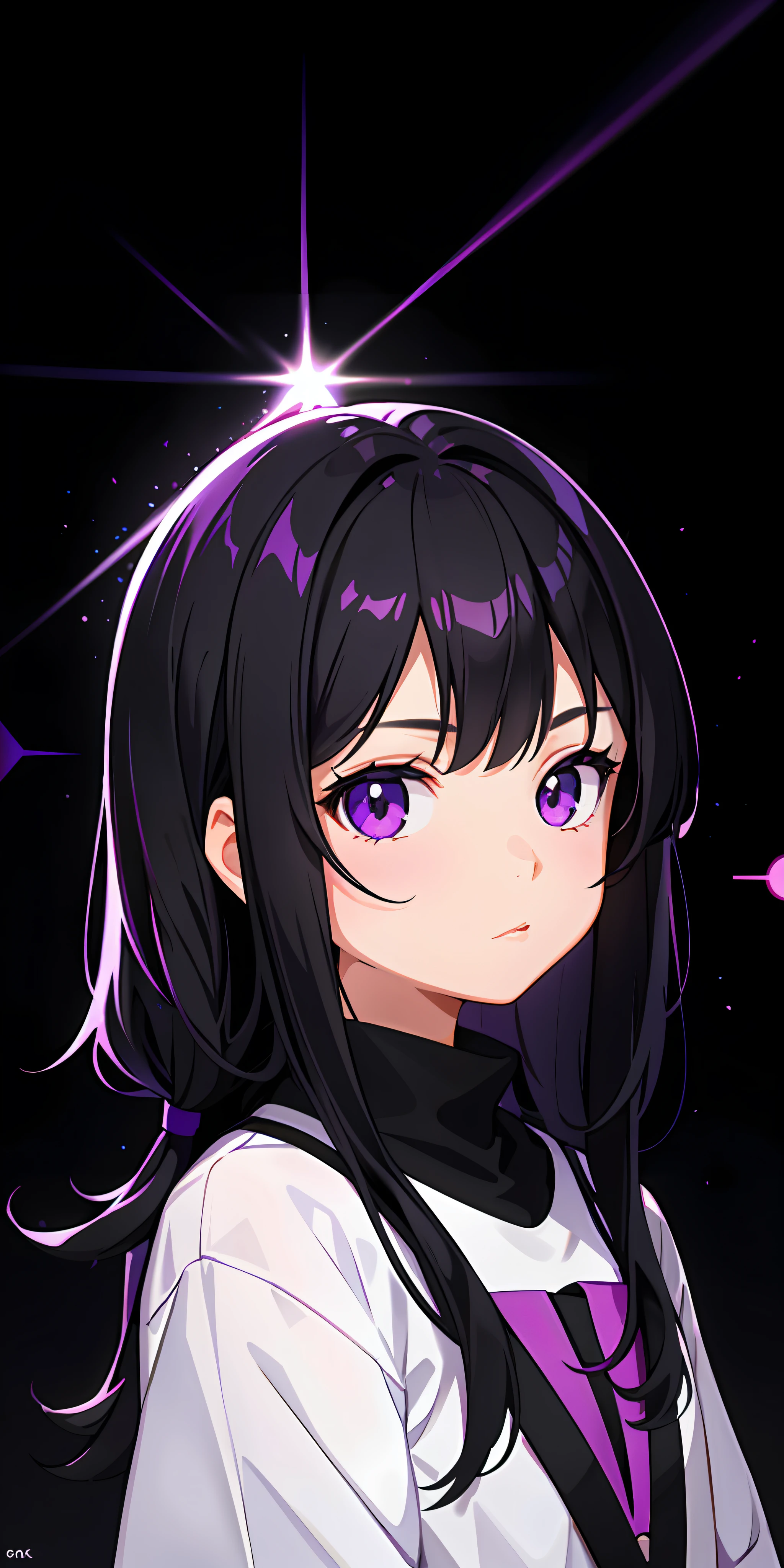 1girl, toddler, black hair, quadratic, purple eyes, side light, light particles, wallpaper,
