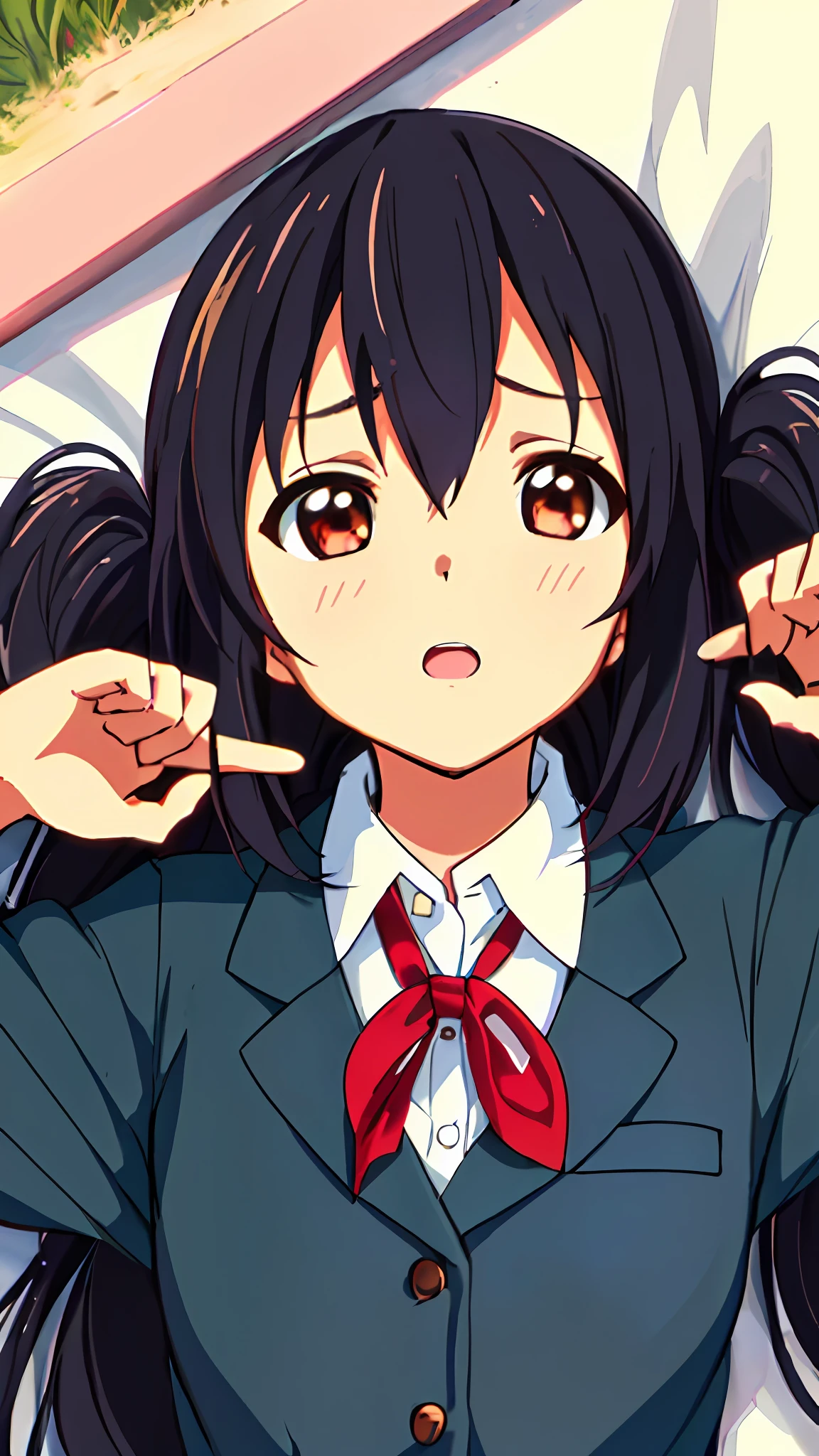1girl, ((((Masterpiece))), Best Quality, Best Quality, High Detail, Azusa Nakano, 1girl, Sakuragaoka High School Uniform, Musical Instrument, School Uniform, Twin Tails, Long Hair, Black Hair, Brown Eyes, Solo, Red, Dark blue blazer with a thin ribbon of red, Solid white button shirt under blazer, Illustration, Cartoon, Soothing tones, Muted colors, Soft cinematic light, Adobe Lightroom, Photo Lab, HDR, complex and highly detailed, (((depth of field))))). (((Masterpiece))). (((highest quality))).) ((super detail))). (((Illustration))). (((Outside))). (((fighting stance))).,(((Lying down))).dynamic focus.small breasts.. (((Face of sadness))). Open mouth.Close your eyes.Spread your arms.Ground.Lie on your back.