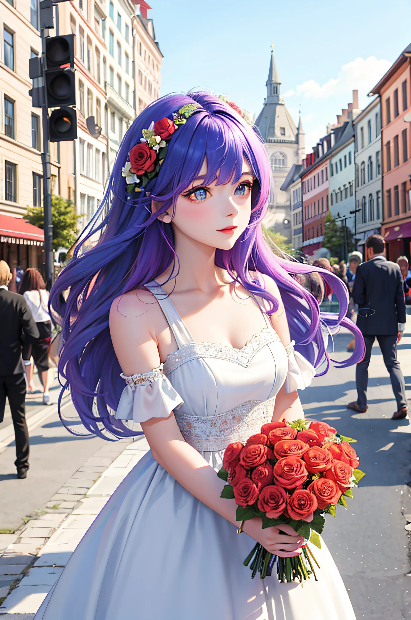 Masterpiece, superlative, spring dress, colored hair, outdoor, city square, upper body, holding a bouquet of roses