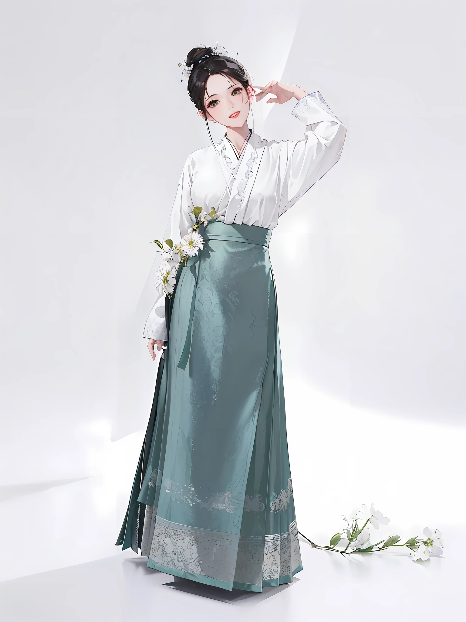 arafed woman in a green skirt and white shirt posing for a picture, hanfu, white hanfu, with acient chinese clothes, traditional chinese clothing, wearing ancient chinese clothes, inspired by Gu An, style of guo hua, inspired by Zhang Yin, palace ， a girl in hanfu, inspired by Emperor Huizong of Song, hanbok