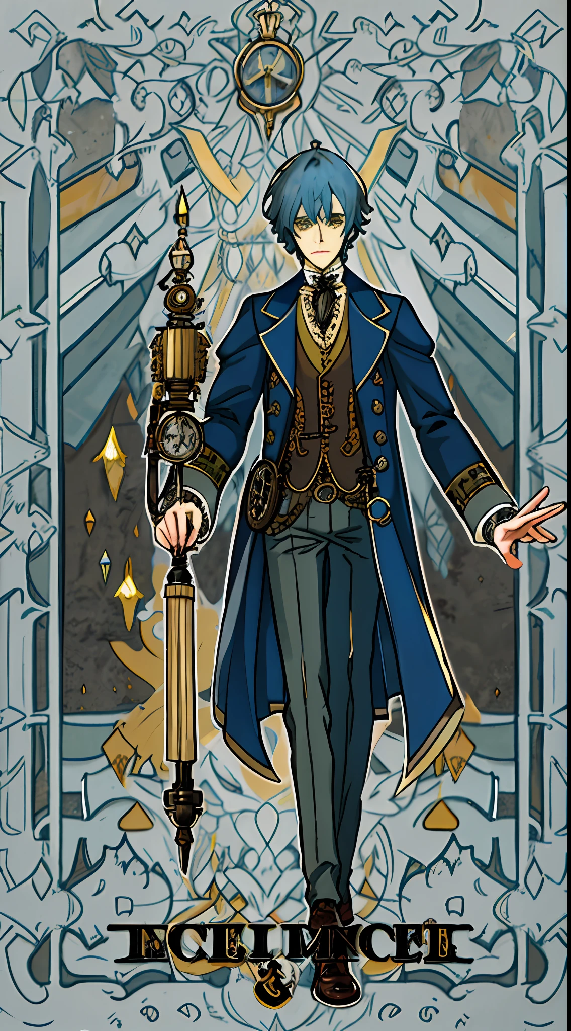 High quality, British wet street, Victorian style, a man, wearing Sherlock Holmes-style clothing, blue hair, long bangs on one side, yellow eyes, unfathomable, steampunk, walking stick, exquisite details