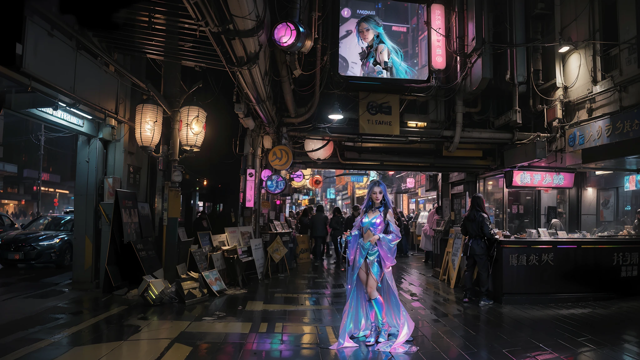 Best Quality, Ultra Detailed, Realistic, Robot, 1 Fairy Heroine, Slim Body, Handheld Glowing Hoop, Futuristic Cyberpunk Night City, Futuristic Tech Fusion Clothing, Cyberpunk City Guard, Long Hair, (City Guardian: 1.2) (Harsh City Environment: 1.3), (Determination and Bravery: 1.2), Masterpiece, Cyberpunk Style with Chinese Influence, Headband, Car Accident, Night, Rain, Puddles, Cyberpunk Lights, , Extreme Details,,, (Long hair: 1.3), (Rainbow holographic clothing: 1.1)