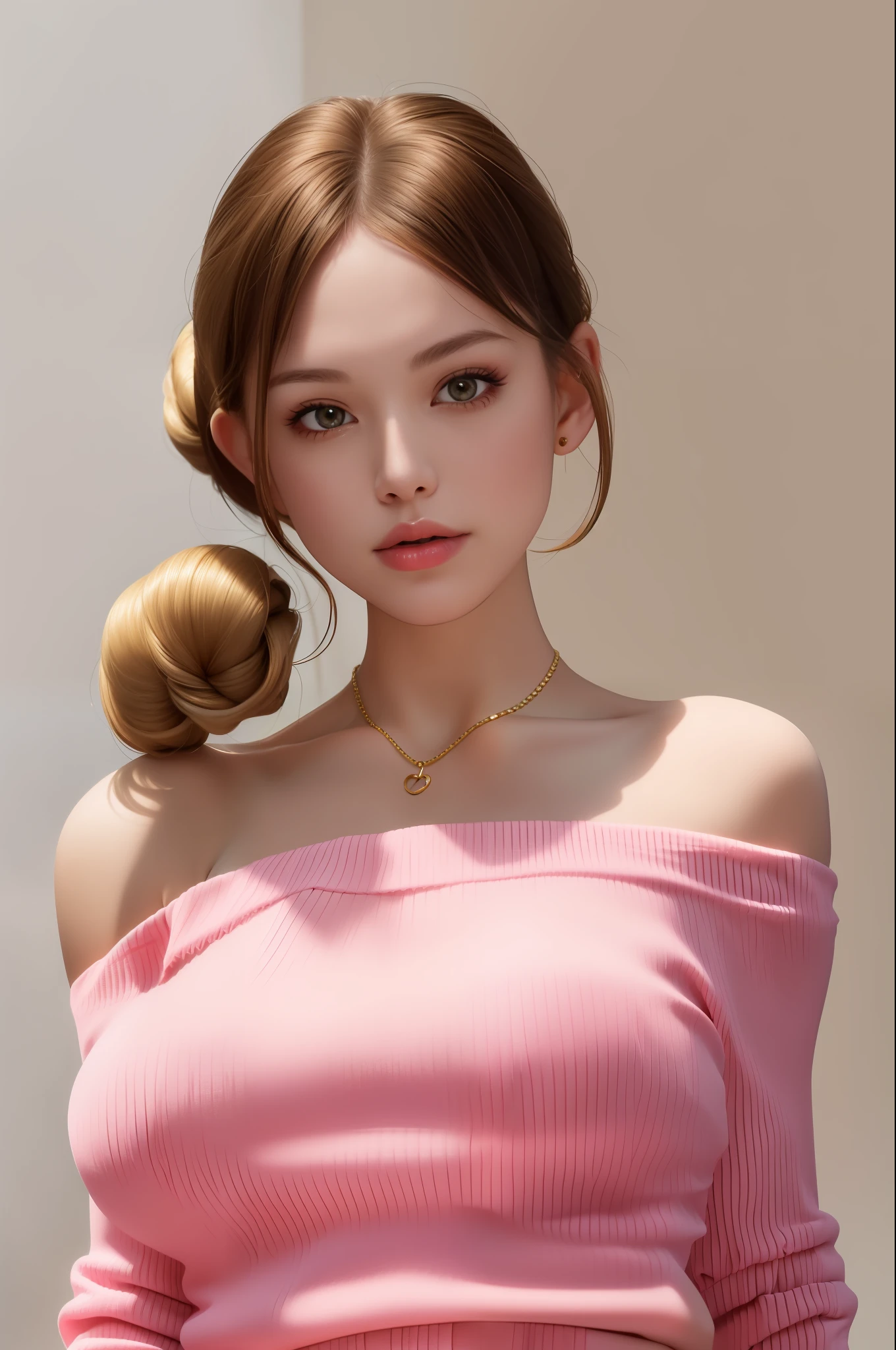 masterpiece, best quality, 8k, flawless, detailed background, soft lighting,
((1girl, solo)), upper body, face focus, close up, looking at viewer, hair bun, (glossy lips, large breasts), solo focus,
sweater, off shoulder, necklace,