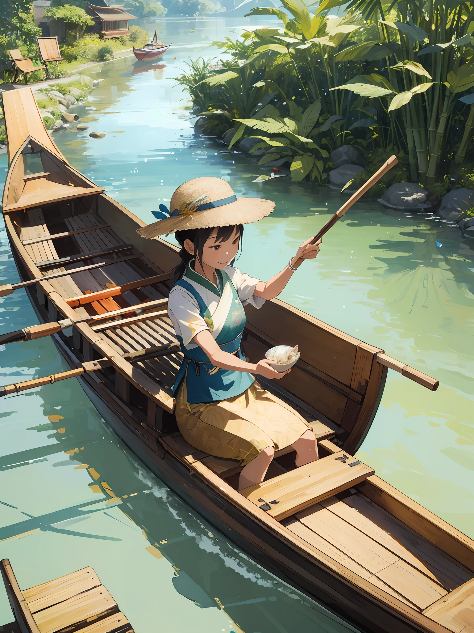 (((best quality))),(((ultra detailed))),(((masterpiece))),illustration, Dragon Boat Festival, rowing, dragon boat, celebration, traditional, traditional clothing, bamboo leaves, sachet, river, water, boats, spectators, overhead view