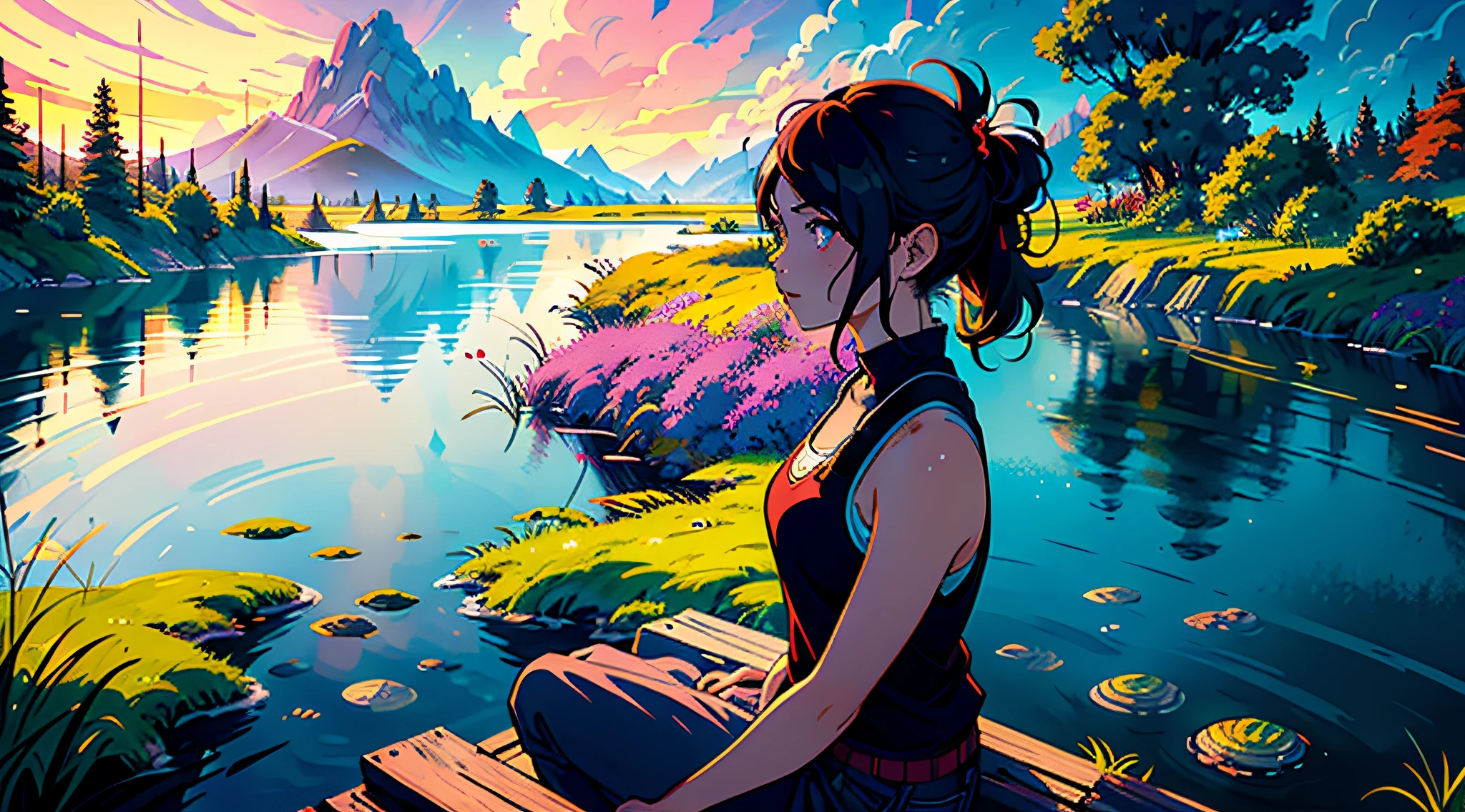 Develop a captivating design inspired by the Stardew Valley universe, focusing on a few purple stars. These stars should have a unique and captivating appearance that represents the magical and captivating atmosphere of the game. The brushstrokes and style of the drawing should resemble the Gutweitz style artwork, Danganronpa digital art, Sachin Teng's style, Güvitz's masterpiece, inspired by Jamie Hewlett, Guweiz, Akira style, Sachin Teng, 4K comic book wallpaper, Akira vibe, Jamie Hewlett art, remember that the goal is to create a magical and attractive illustration that conveys the cozy and wonderful atmosphere of Stardew Valley, highlighting the ocean as a design element
, (edge lighting): 1.2, warm tones, sunlight reflections, soft shadows, vivid colors, pictorial effects, fantastic atmosphere break scenic lake, distant mountains, willows, calm water, reflection, sunlit clouds, tranquil surroundings, idyllic sunsets, ultra detail, official art, 8k unit wallpaper, zentangle, mandala