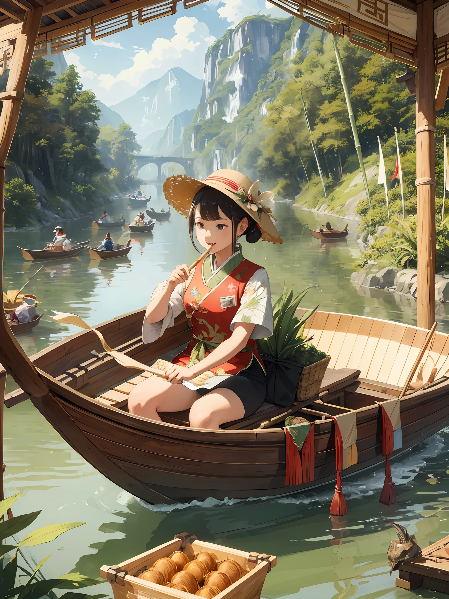 (((best quality))),(((ultra detailed))),(((masterpiece))),illustration, Dragon Boat Festival, rowing, dragon boat, celebration, traditional, traditional clothing, bamboo leaves, sachet, river, water, boats, spectators, overhead view