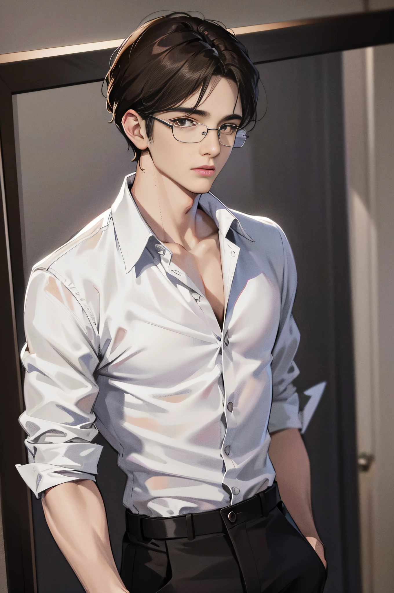 (highest resolution, distinct_image), brown pupils, brown eyes, wearing glasses, best picture quality, male god masterpiece, high detail, semi-realistic, short black hair, black hair, bangs, 18 years old, mature, young, urban elite, tall, white shirt, black pants, solid color background, cold, tall and handsome, authoritative, powerful, delicate facial features, delicate facial features