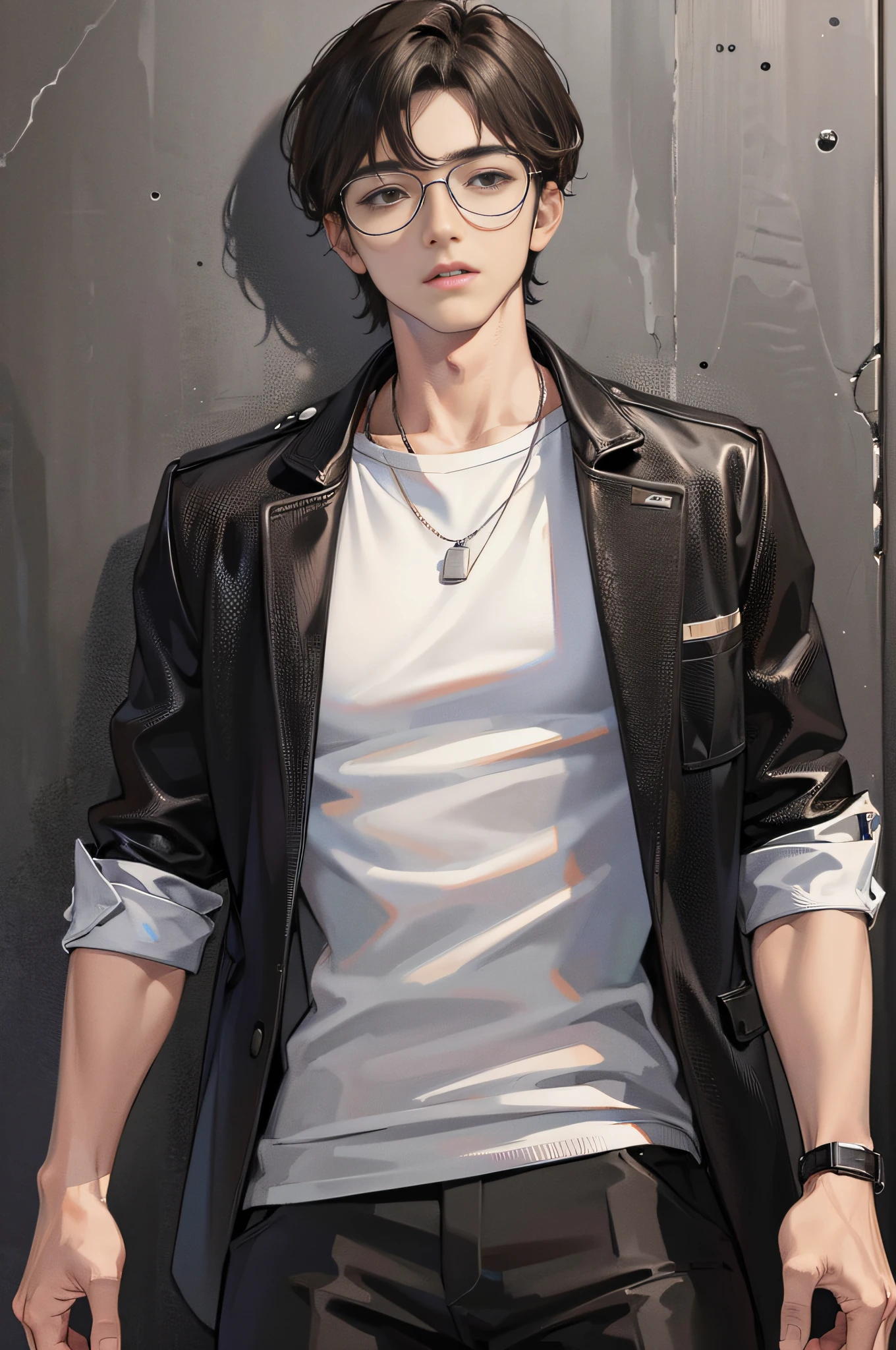 (highest resolution, distinct_image), brown pupils, brown eyes, wearing glasses, best picture quality, male god masterpiece, high detail, semi-realistic, short black hair, black hair, bangs, 18 years old, mature, young, urban elite, tall, white shirt, black pants, solid color background, cold, tall and handsome, authoritative, powerful, delicate facial features, delicate facial features
