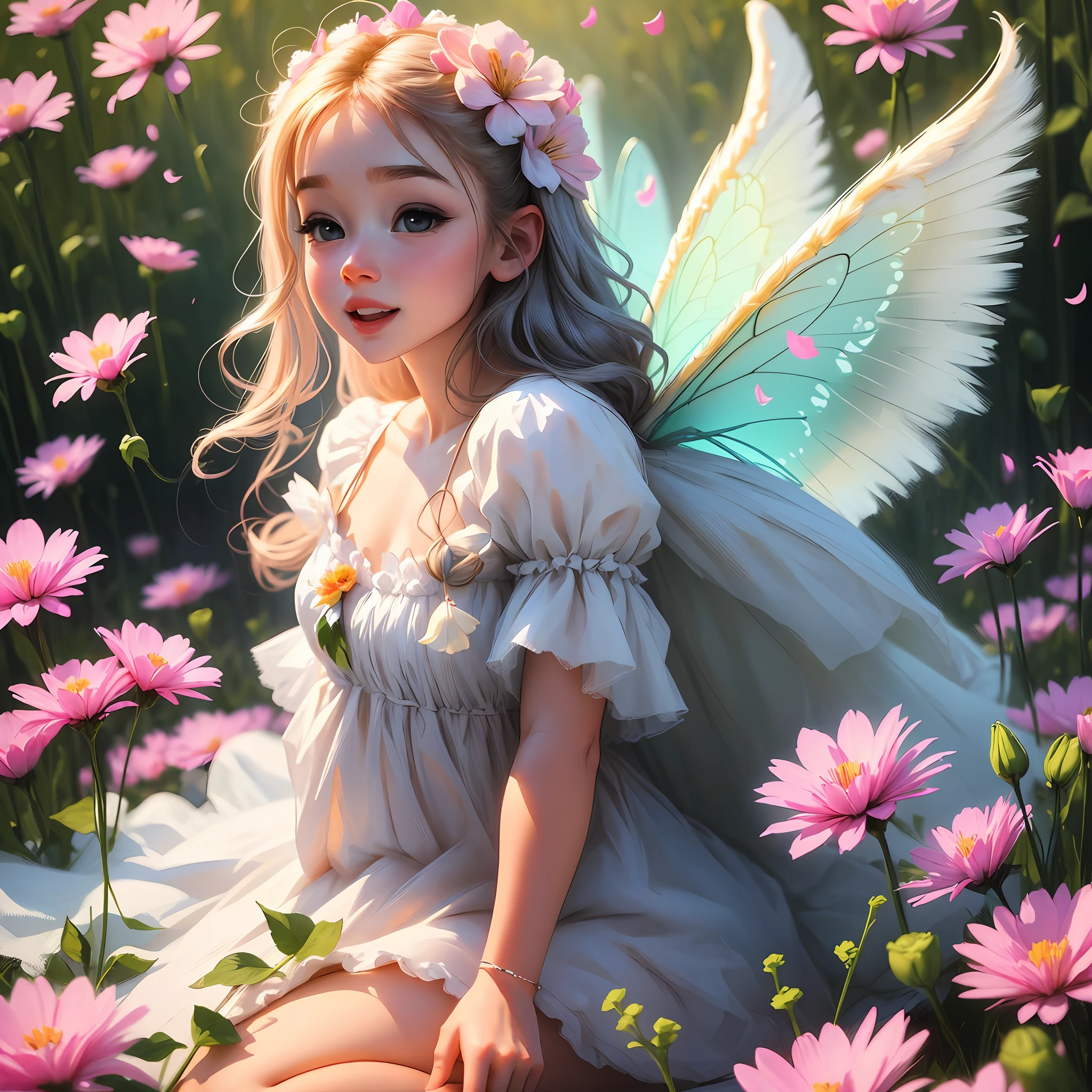 hyperrealistic, baby, angel or fairy, light, friend, play, laugh, beautiful, beautiful, cute, unreasonable gorgeous flowers --auto --s2