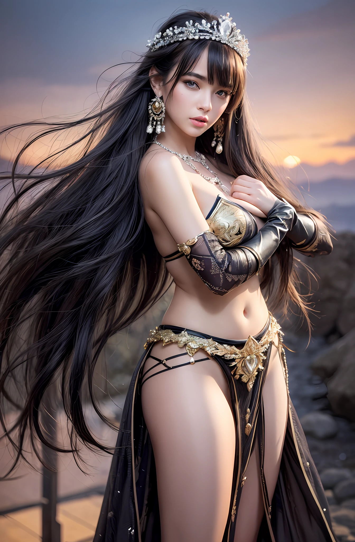 masterpiece, (photorealistic: 1.4), top quality, beautiful lighting, outdoor, girl 1 person, solo, (((((Highly detailed face))))), ((Highly detailed eyes and face)))), beautiful detail eyes, jewelry, earrings, long hair, blue eyes, black hair, flower garden, full body, outdoor, big breasts, shoulder blades, lips, blue sky, braid, hair ornament, realistic, bangs, clouds, necklace, hair band, big, beautiful legs, tiara, (CG unity 8k highly detailed wallpaper), complex, high detail, sharp focus, dramatic, bishōjo, golden detail , RAW photography, 8k uhd, film grain