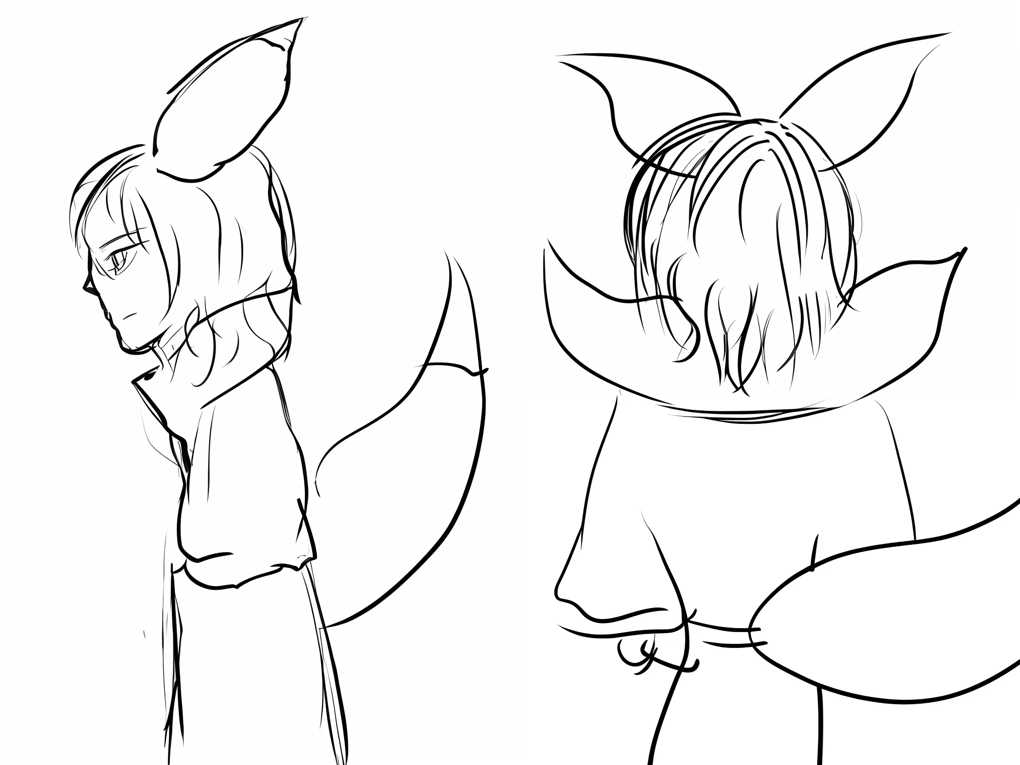 Sketches of a man with wolf ears and an identical man, respectively, the back and sides of the character, thick line art, clean anime silhouette, simple line art, thick silhouette, clean line art, long soft rabbit ears, thick black line art, line art, fox ears, bold line art, fox ear illustration, perfect line art, rough line art, variable line art, rough art style side and back detail portrayal