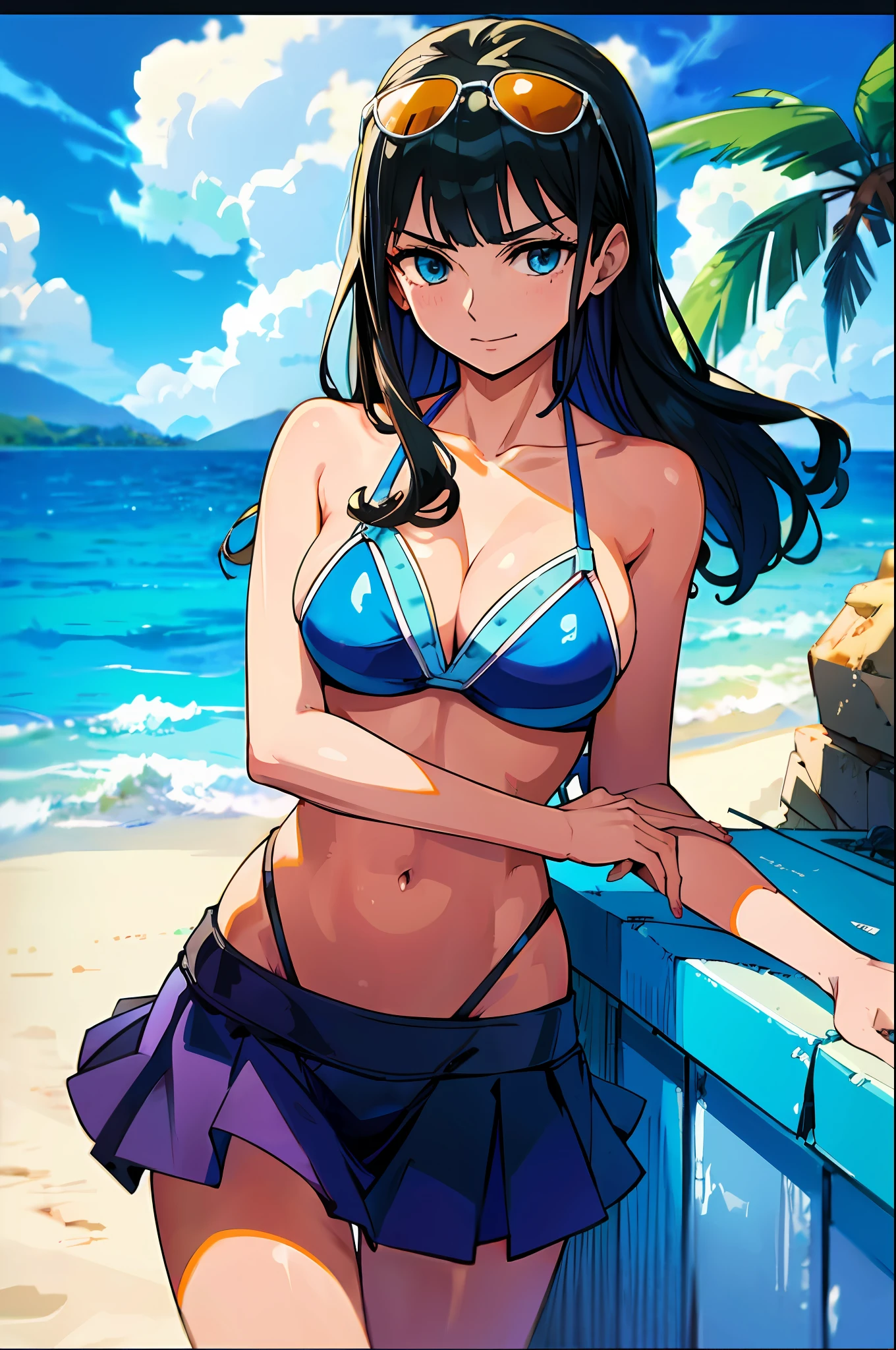 1girl (Masterpiece: 1.2) (Details: 1.2) (Best Quality: 1.1) (Glossy Hair) (Glossy Skin), Nico Robin V2, Cinematic Lighting, (Wet Skin, Sea:1.2), Bikini, Sea, (Beach, Palm Trees), Beach, Clear Water, (Blue Sky, Cumulonimbus),(Island),(Hibiscus),Smiles, Sunglasses, Blue Eyes, One Piece, Nico Robin, Side, bikinis skirt, girl about 20 years old