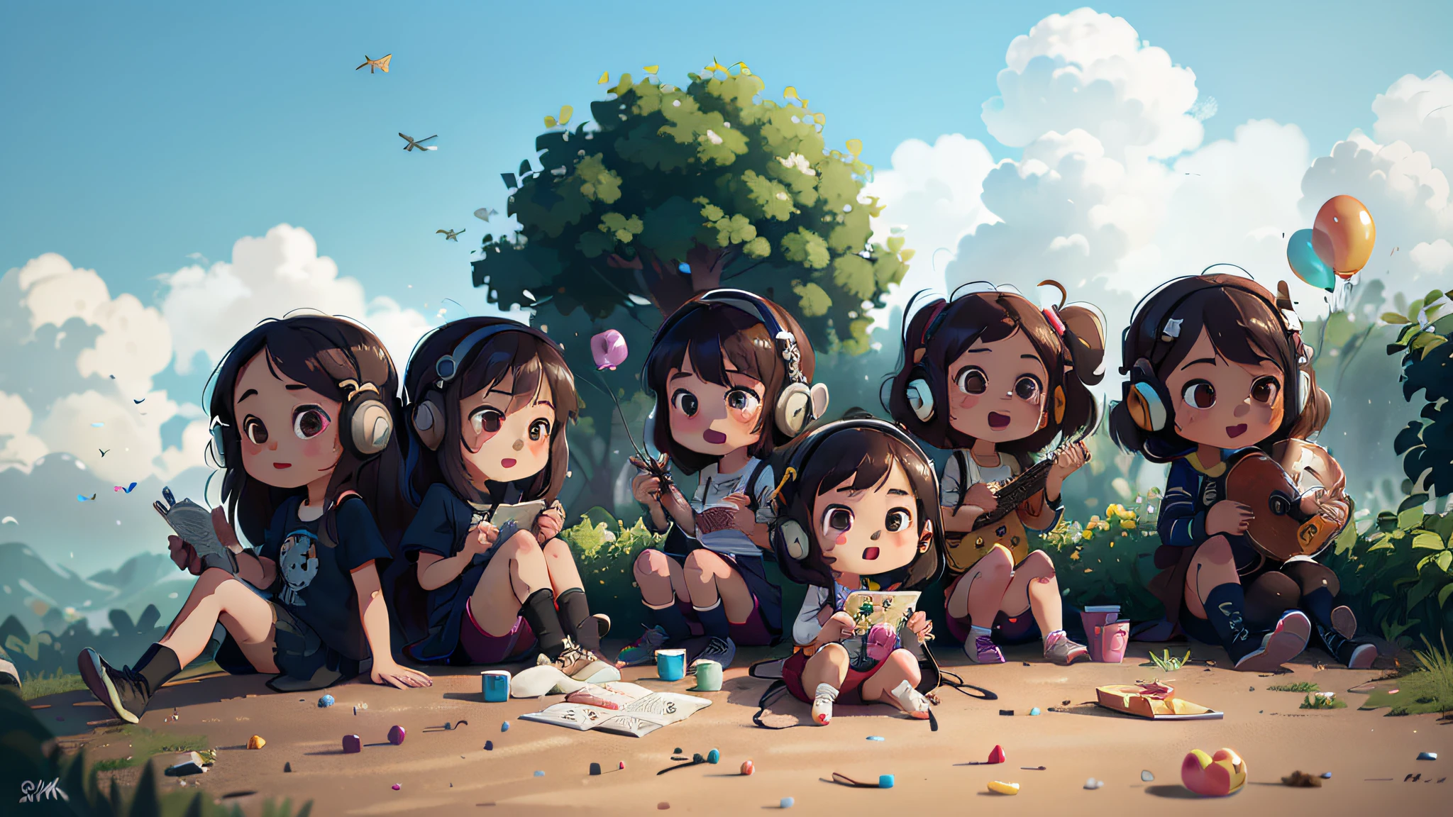 UHD, (HD resolution: 1.2), skin radiance, (best quality: 1.1), (masterpiece), (best quality), smile, (beautiful detailed face), (beautiful detail eyes), 8K, colorful balloons flying around, ((6 girls playing, listening to music, singing)) cute, chibi, background is summer park