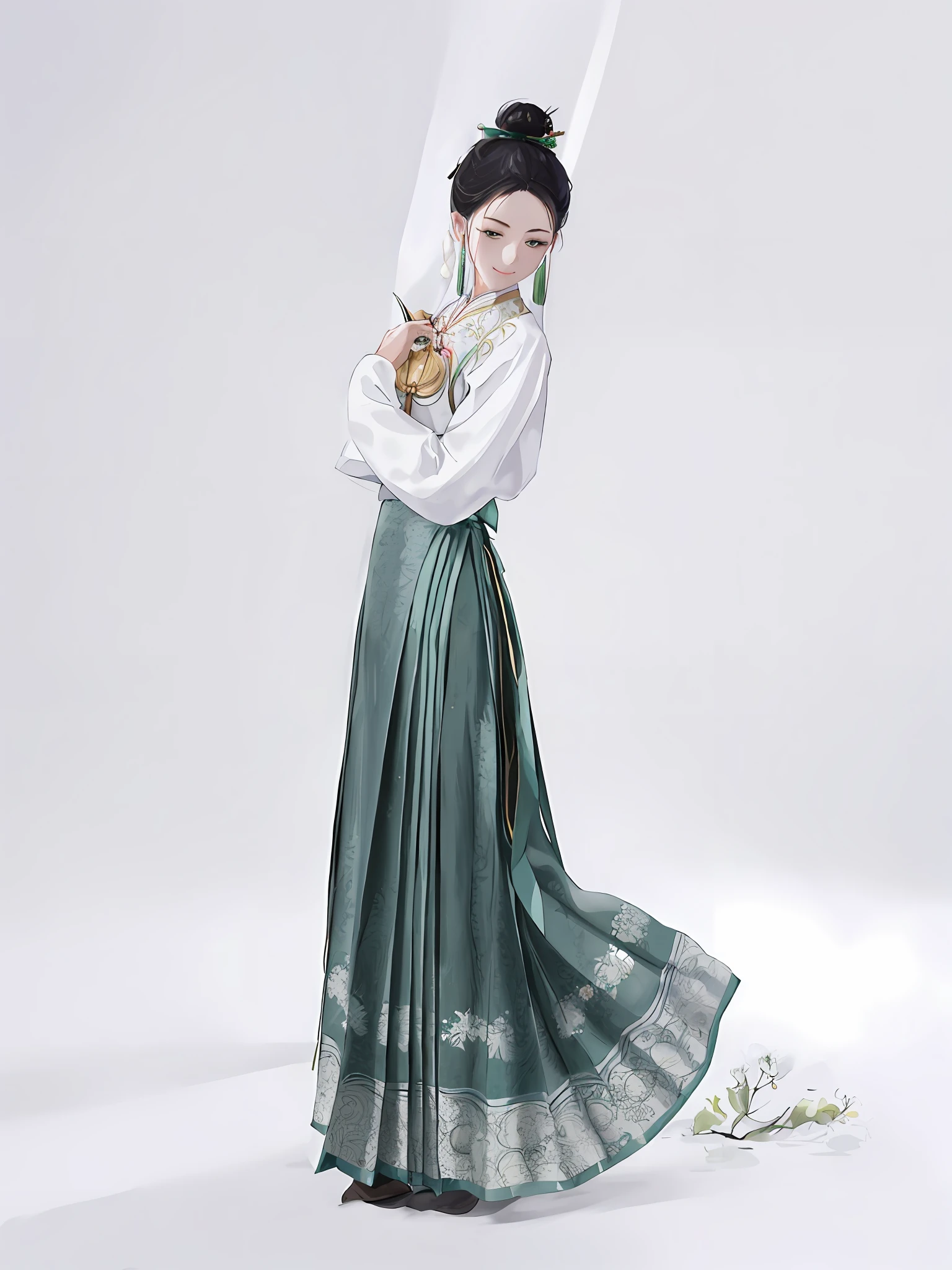 arafed woman in a green skirt and white shirt posing for a picture, white hanfu, hanfu, wearing ancient chinese clothes, with acient chinese clothes, traditional chinese clothing, palace , a girl in hanfu, inspired by Gu An, wearing ornate silk clothes, traditional clothes, inspired by Qian Du, traditional tai costume, traditional beauty