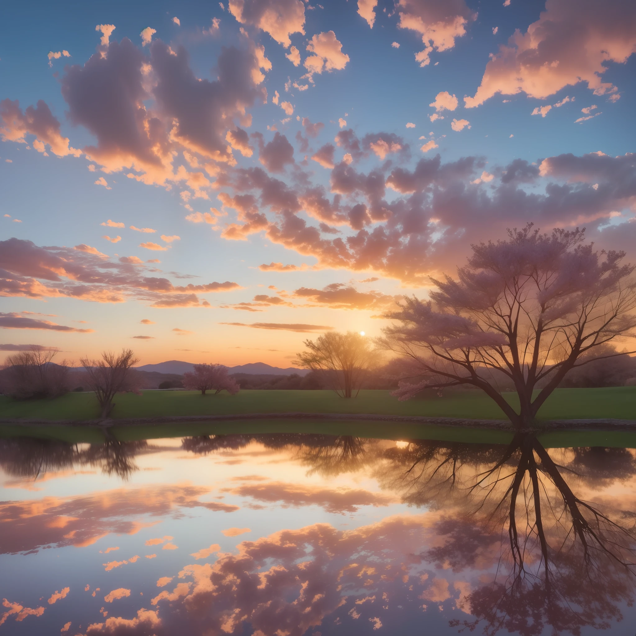 Very colorful sunset. There are 3 almond blossoms that are reflected in a pond. In the sky there are only a couple of small clouds. Hyper-detailed. Photorealist. High quality. 8k