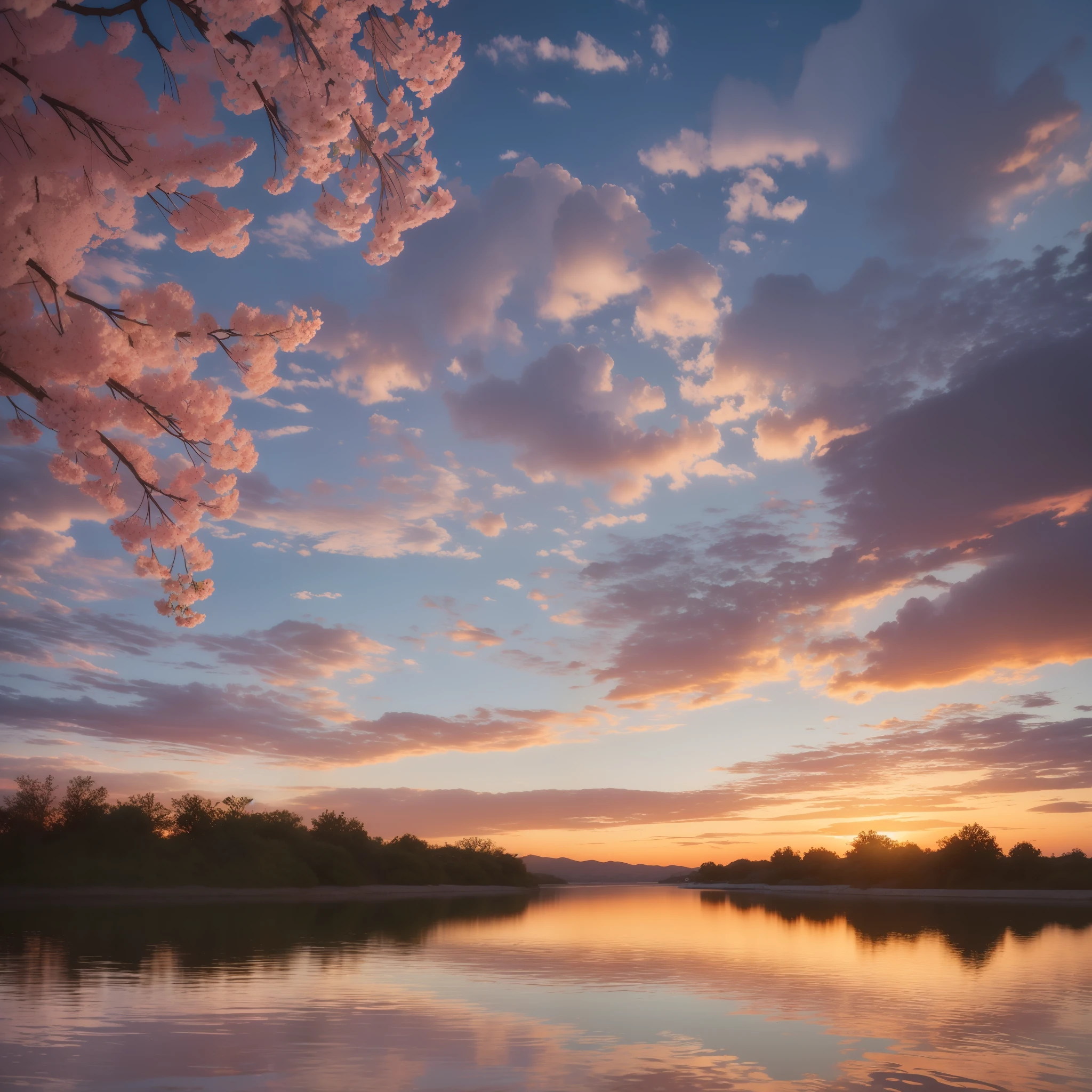Very colorful sunset. There are 3 almond blossoms that are reflected in a pond. In the sky there are only a couple of small clouds. Hyper-detailed. Photorealist. High quality. 8k