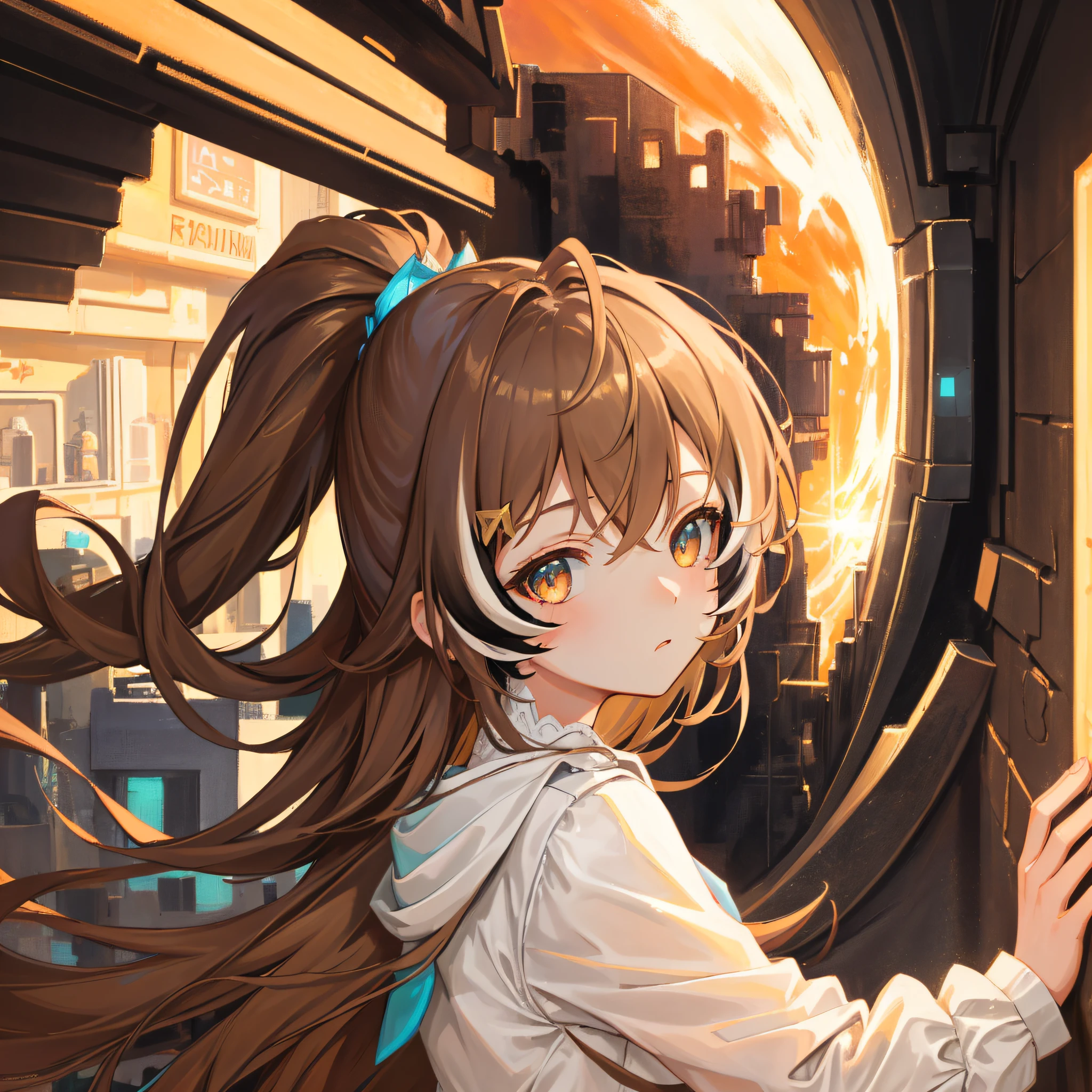 (人物: Nanashi Mumei),(masterpiece:1.2), 1girl, solo, best quality, shiny skin, hyper detailed ultra high res, cute, looking at viewer, extremely detailed wallpaper, close up portrait, ruin, city, {brown hair}