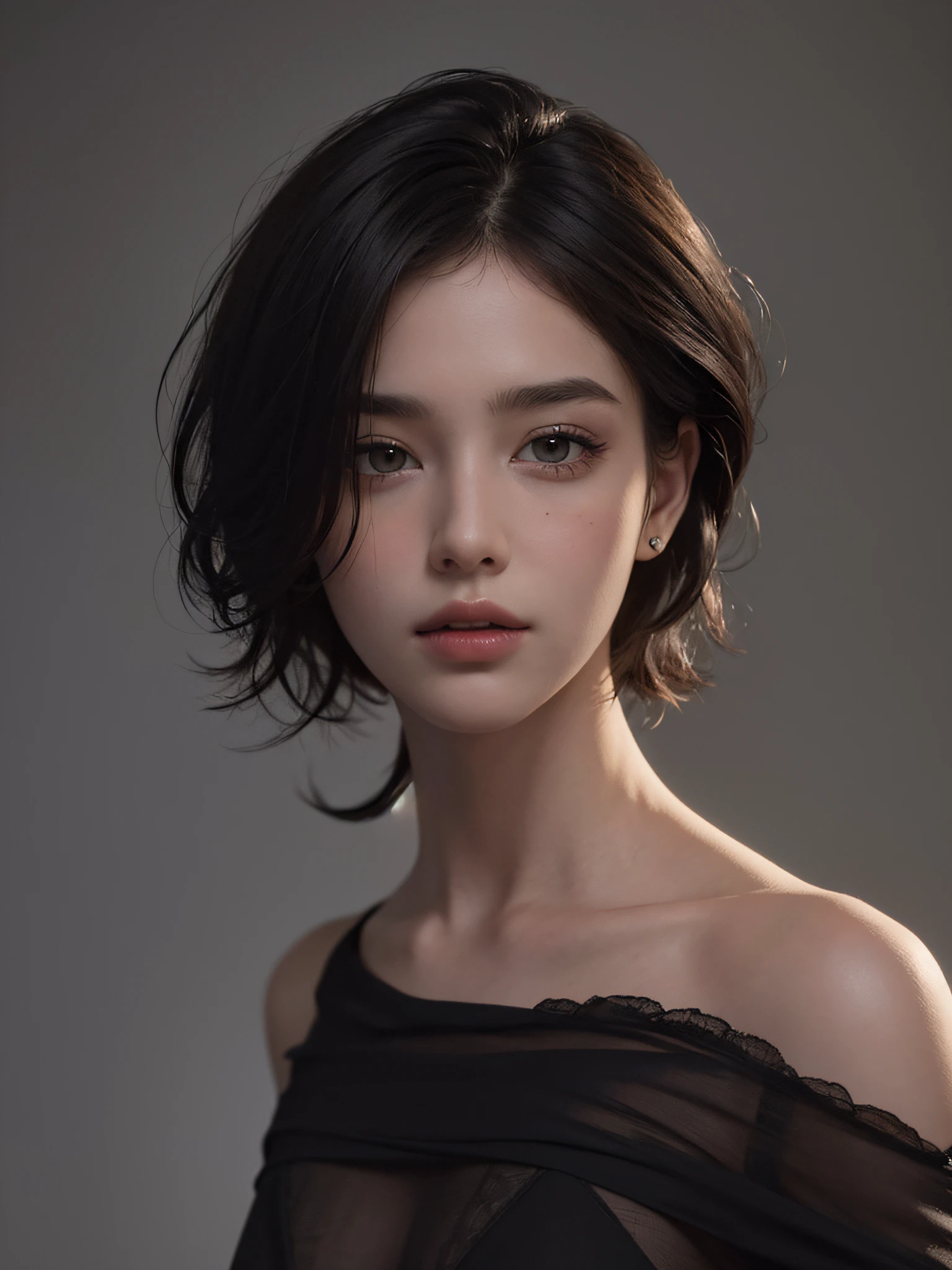 Best quality, masterpiece, ultra high res, (photorealistic:1.5), raw photo, 1girl, offshoulder, in the dark, deep shadow, low key, cold light, sexy look, short hair