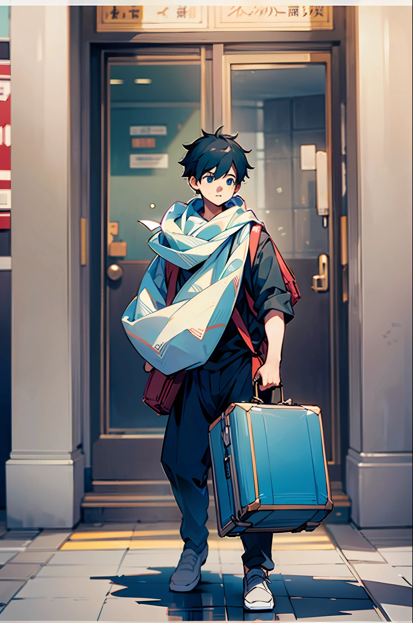 A boy carrying two luggage,