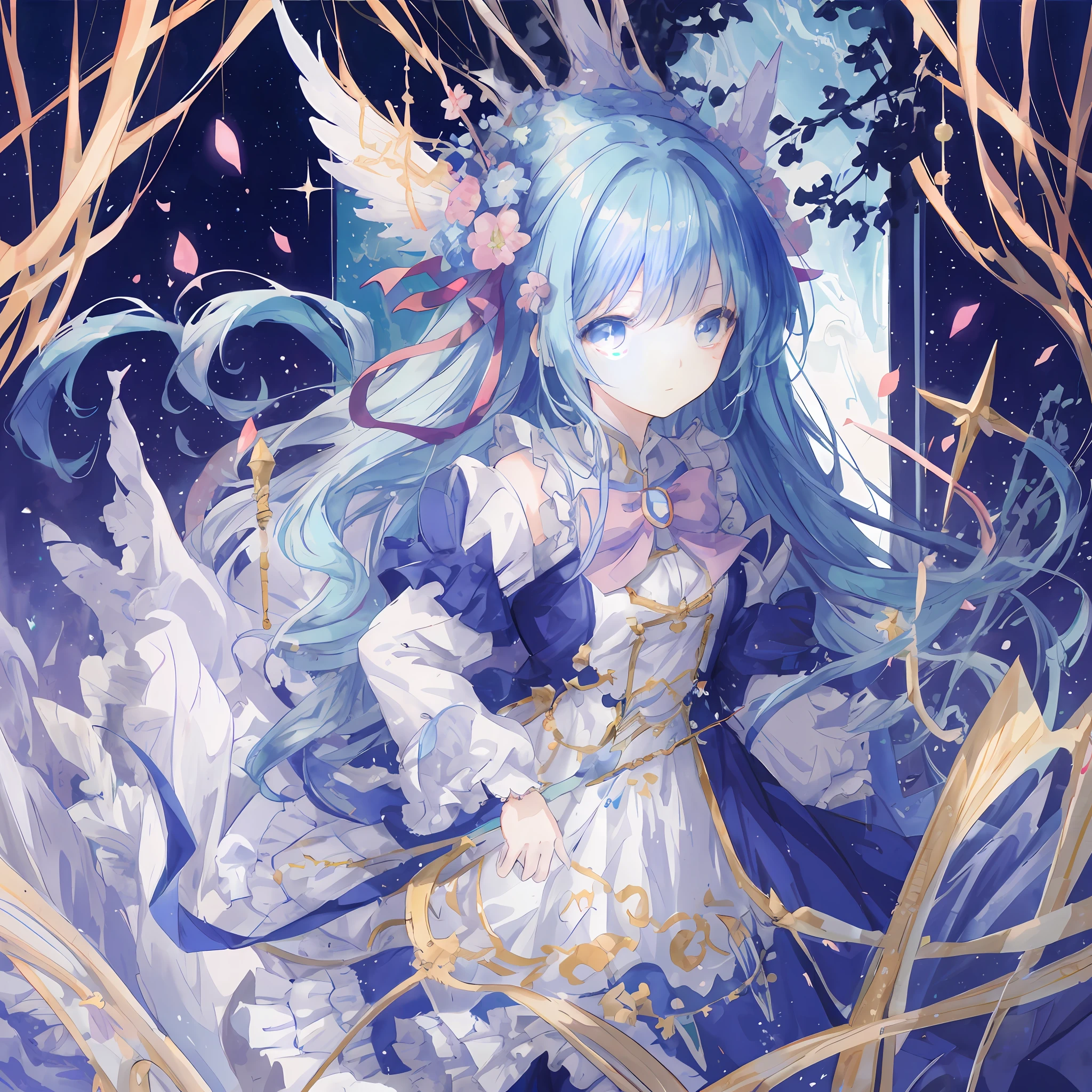 (Anime girl, blue hair, white dress), [official artwork, digital art, fantasy style, poster presentation, detailed details, refreshing style], flowing temperament, lake and mountain color, flowing water, pink clouds, clouds, babbling streams, falling leaves,. [Image quality optimization: best quality, best illumination, ultra-detailed, high resolution, dynamics, soft watercolor]