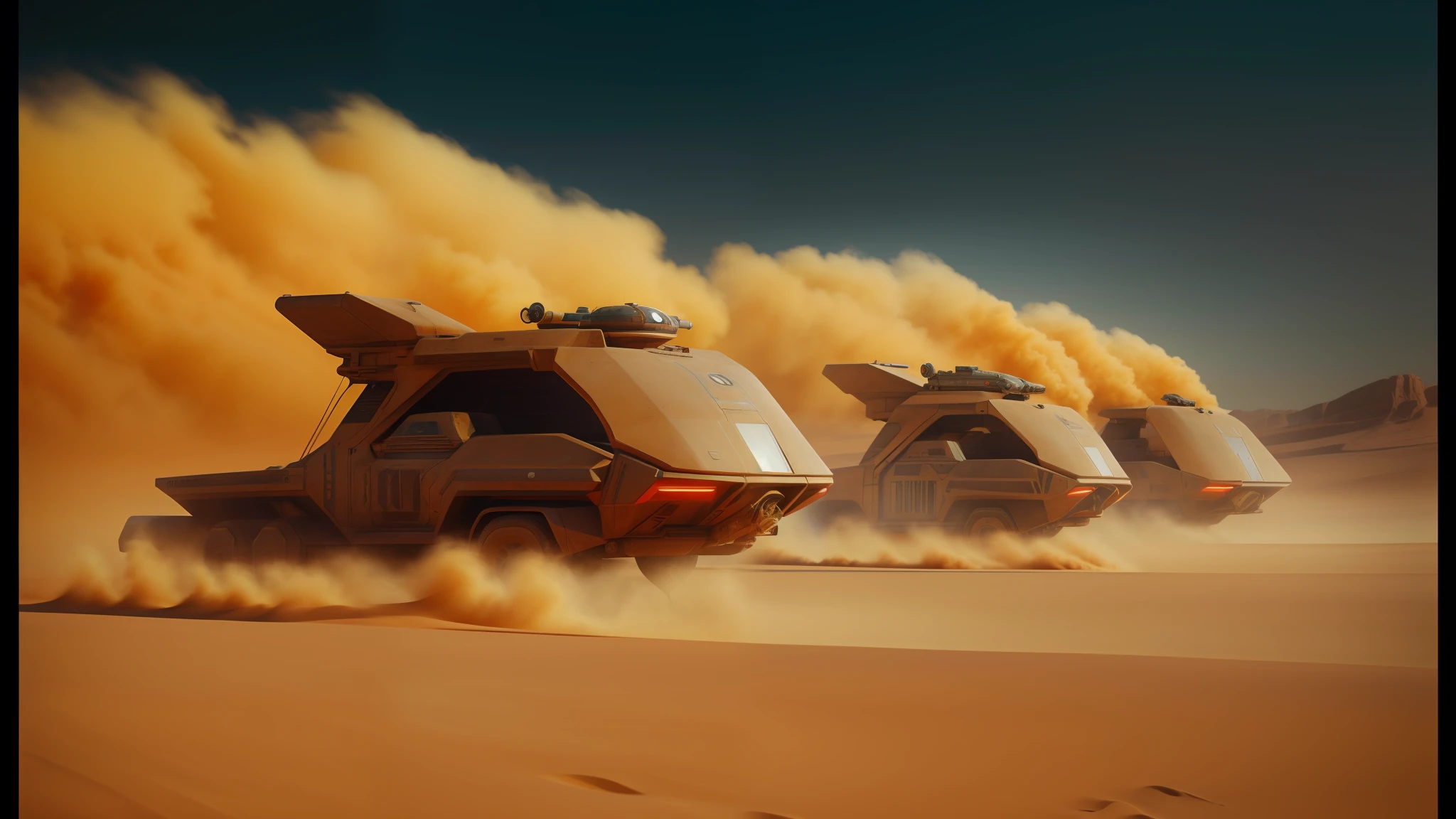 there are three vehicles that are driving in the desert, film still from dune 2020, flat matte art, film still from star wars, fleeing merchants, computer render, warm color scheme art rendition, by István Regős, airship, pixar cgi, kerberos