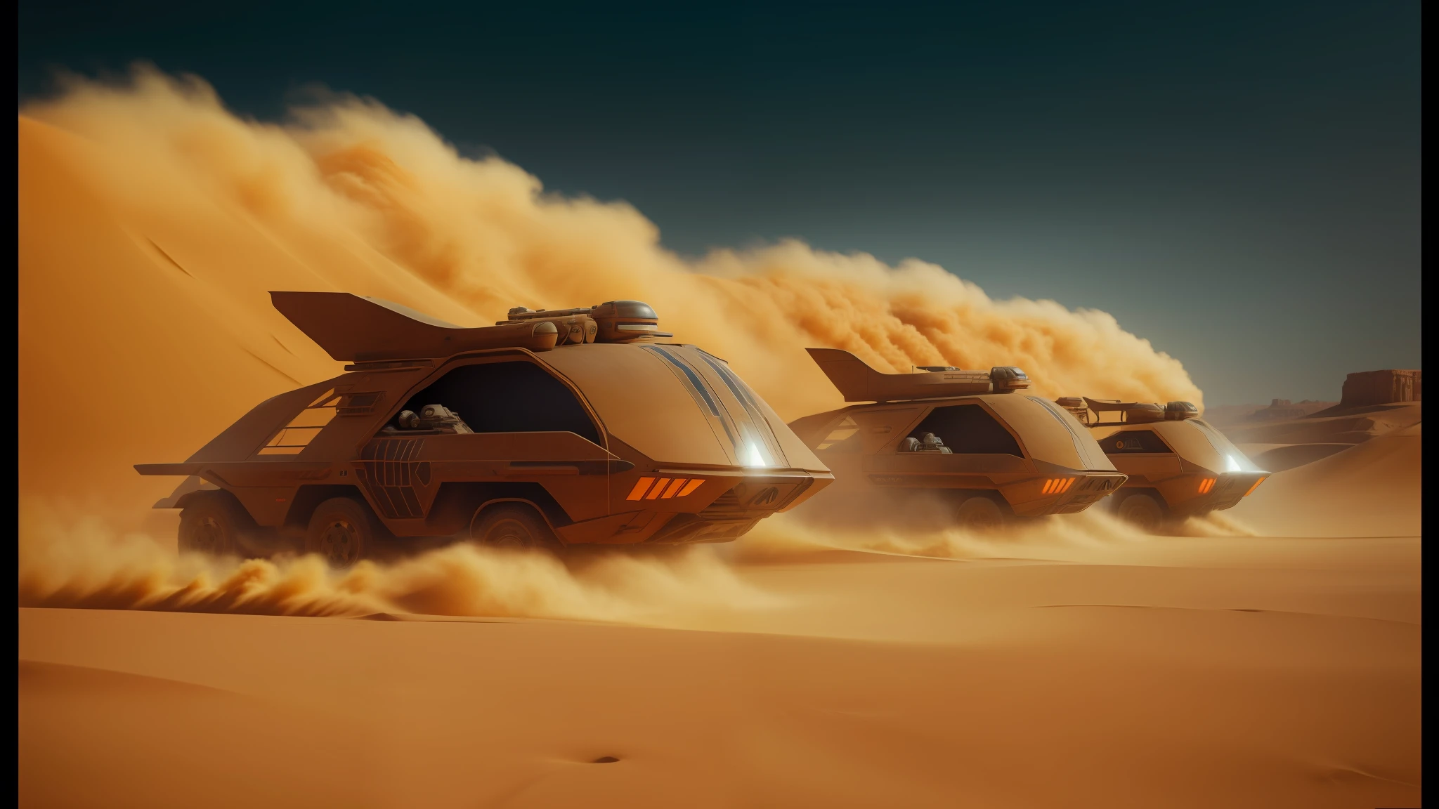 there are three vehicles that are driving in the desert, film still from dune 2020, flat matte art, film still from star wars, fleeing merchants, computer render, warm color scheme art rendition, by István Regős, airship, pixar cgi, kerberos